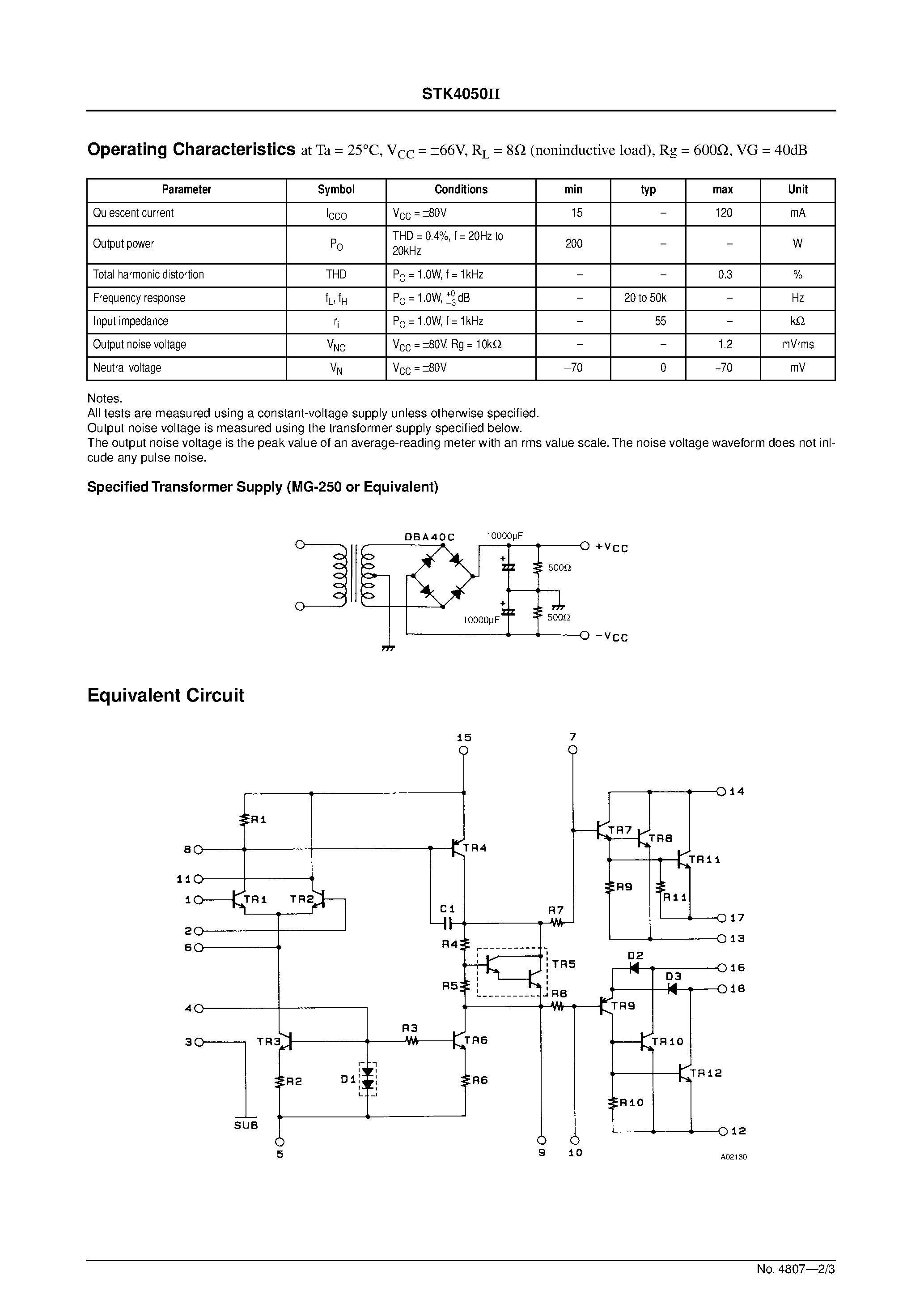 Datasheet STK4050 - AF Power Amplifier (Split Power Supply) (200W min / THD = 0.4%) page 2