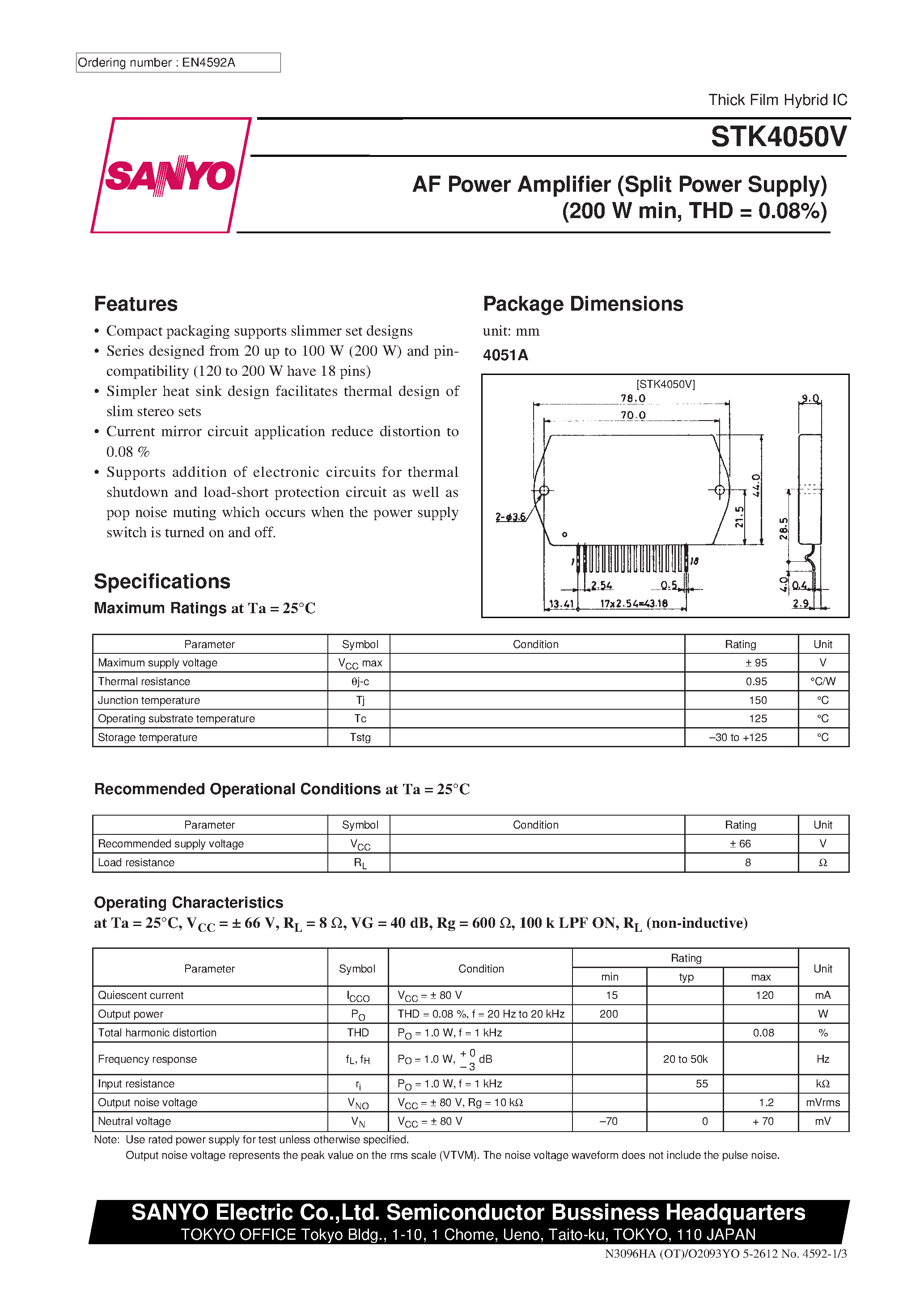 Datasheet STK4050V - AF Power Amplifier (Split Power Supply) (200 W min / THD = 0.08%) page 1