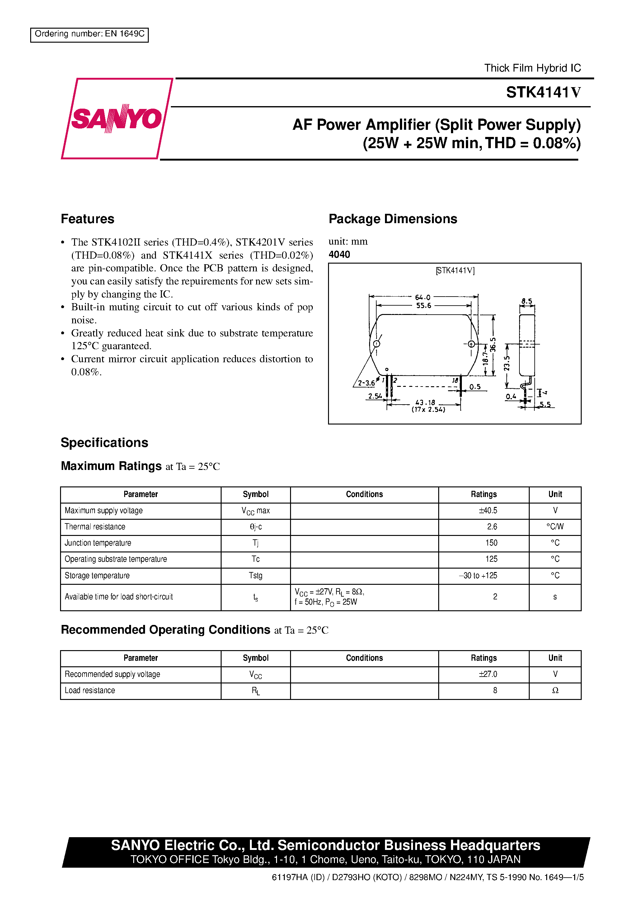 Datasheet STK4141V - AF Power Amplifier (Split Power Supply) (25W + 25W min / THD = 0.08%) page 1