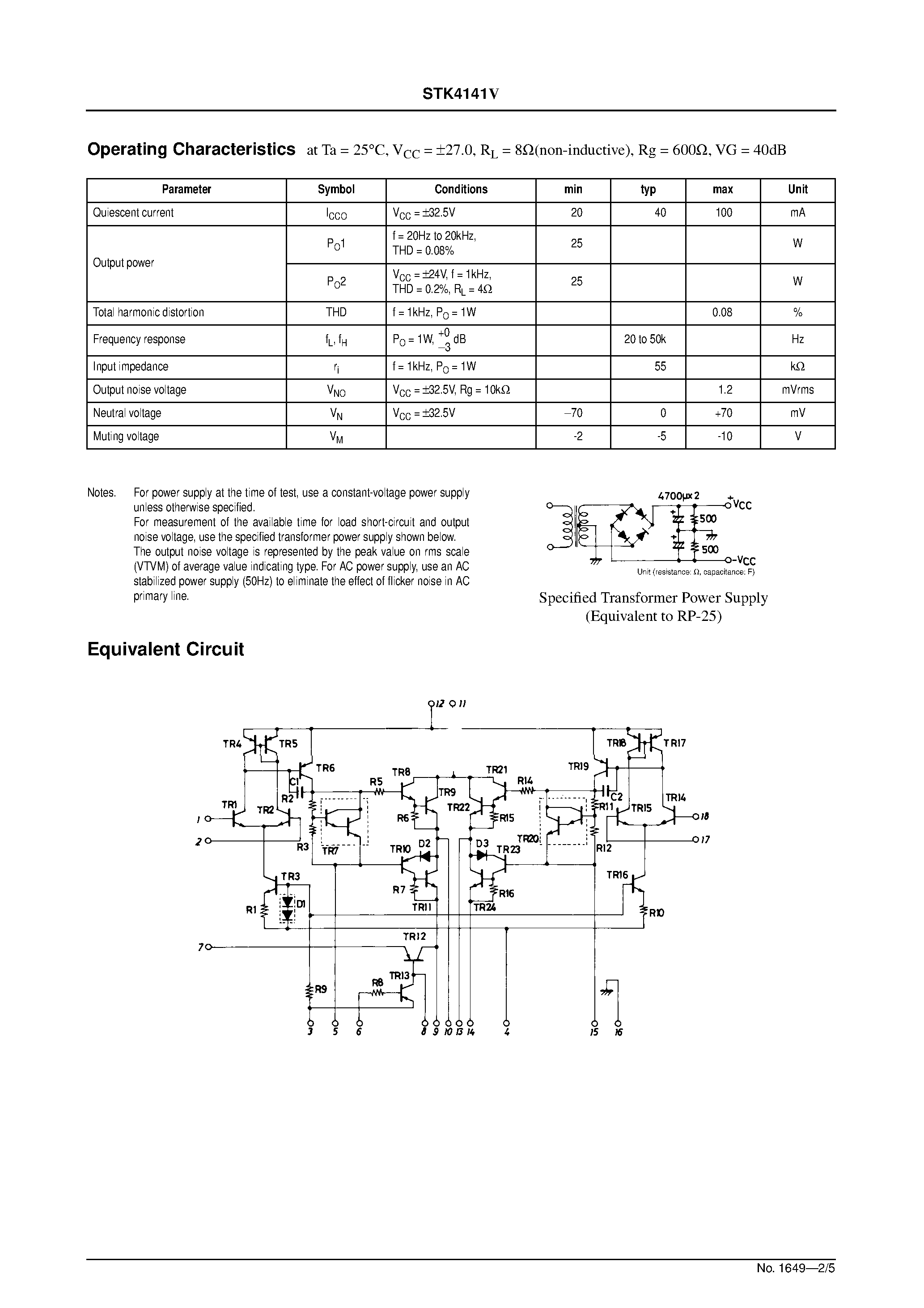 Datasheet STK4141V - AF Power Amplifier (Split Power Supply) (25W + 25W min / THD = 0.08%) page 2