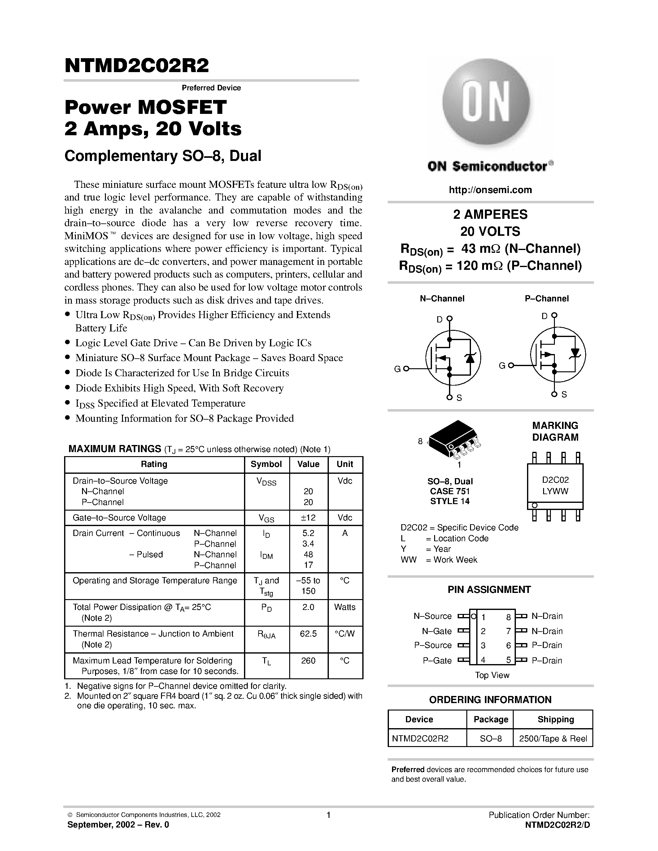 Даташит NTMD2C02R2 - Power MOSFET 2 Amps / 20 Volts страница 1