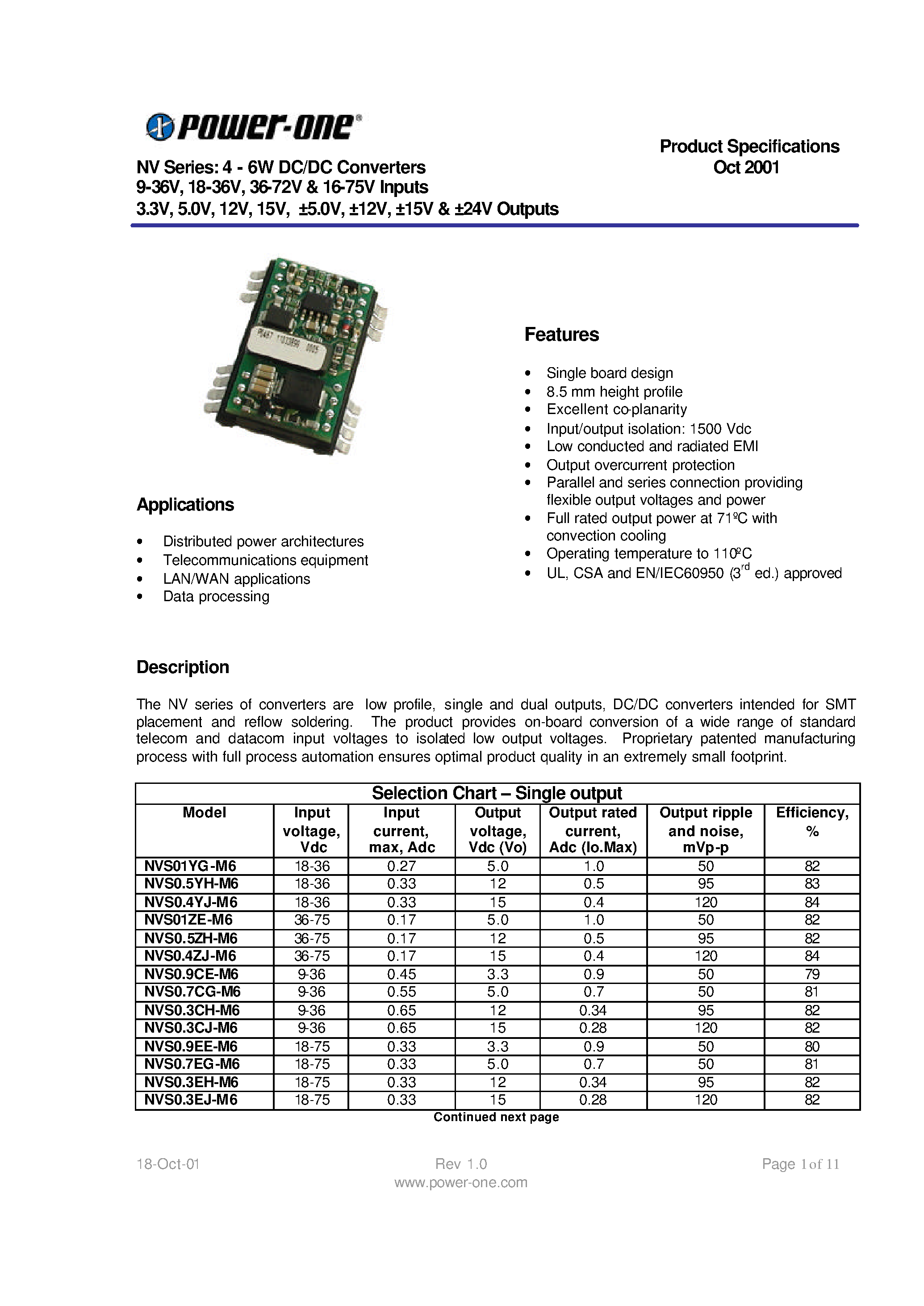 Даташит NVD0.1EKK-M6 - NV Series: 4 - 6W DC/DC Converters 9-36V / 18-36V / 36-72V & 16-75V Inputs 3.3V / 5.0V / 12V / 15V / 5.0V / 12V / 15V & 24V Outputs страница 1