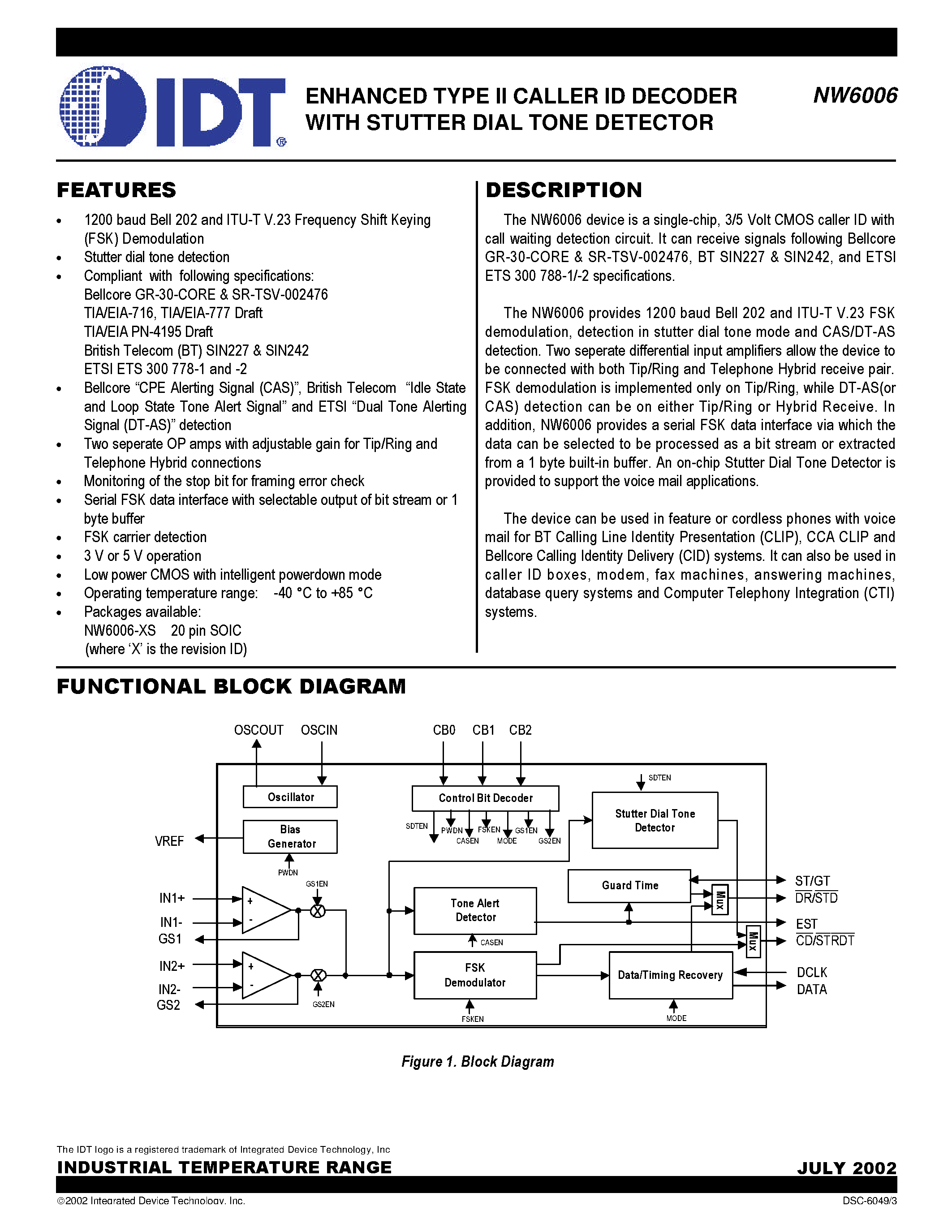 Datasheet NW6006-XS - ENHANCED TYPE II CALLER ID DECODER WITH STUTTER DIAL TONE DETECTOR page 1