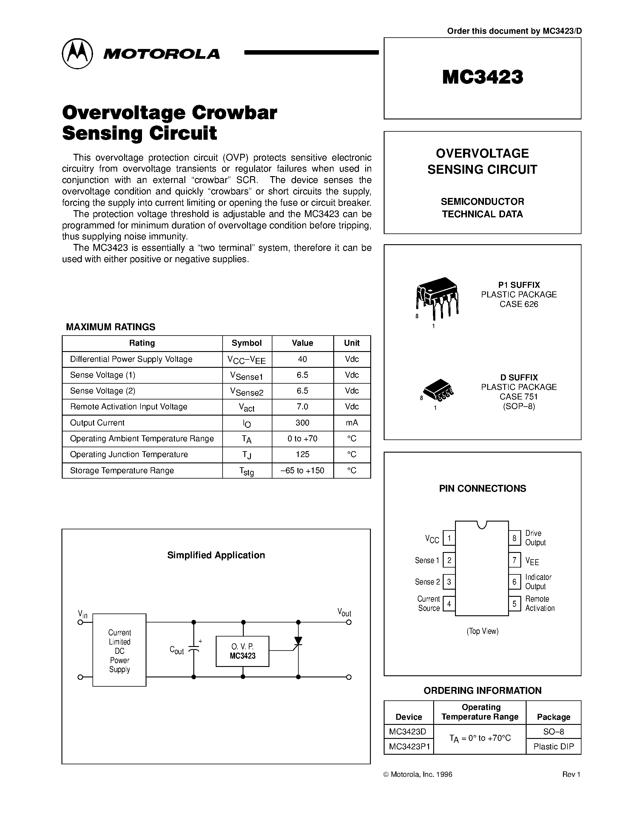 Даташит MC3423 - OVERVOLTAGE SENSING CIRCUIT страница 1