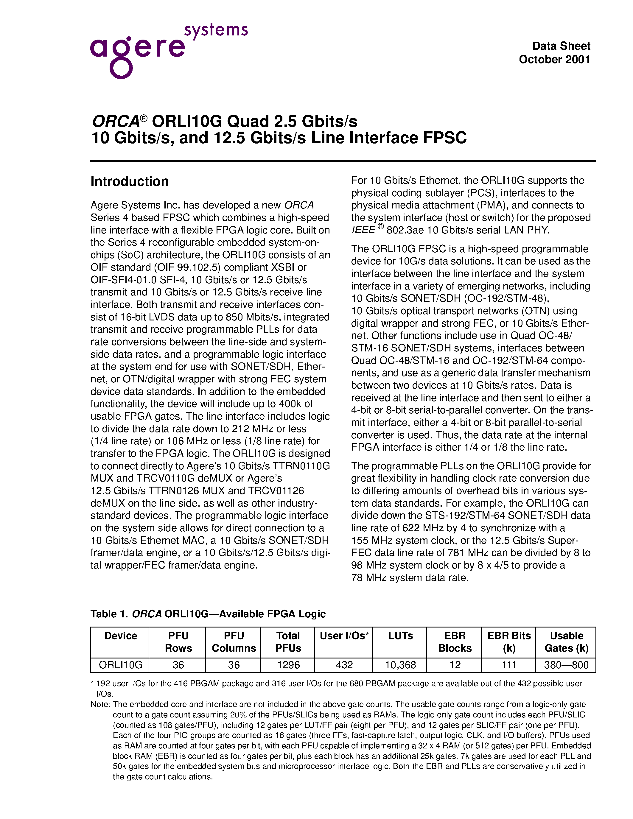 Даташит ORLI10G - Quad 2.5 Gbits/s 10 Gbits/s / and 12.5 Gbits/s Line Interface FPSC страница 1