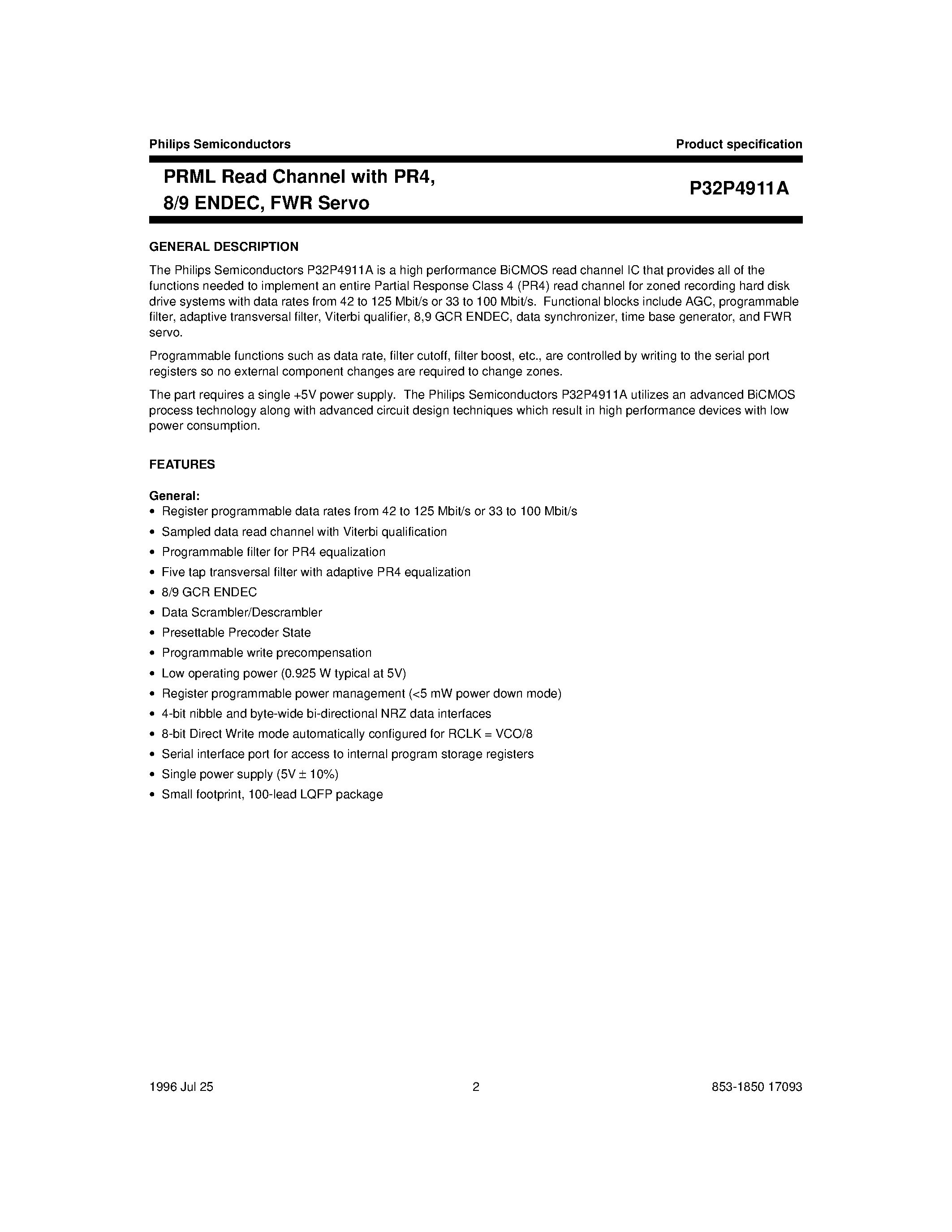 Даташит P32P4911A - PRML Read Channel with PR4 / 8/9 ENDEC / FWR Servo страница 2