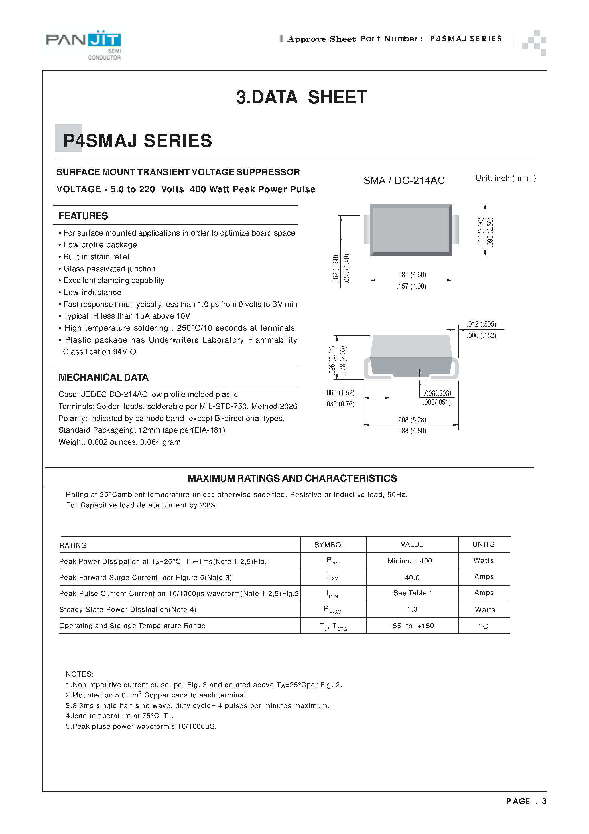 Даташит P4SMAJ5.0 - SURFACE MOUNT TRANSIENT VOLTAGE SUPPRESSOR(VOLTAGE - 5.0 to 220 Volts 400 Watt Peak Power Pulse) страница 1