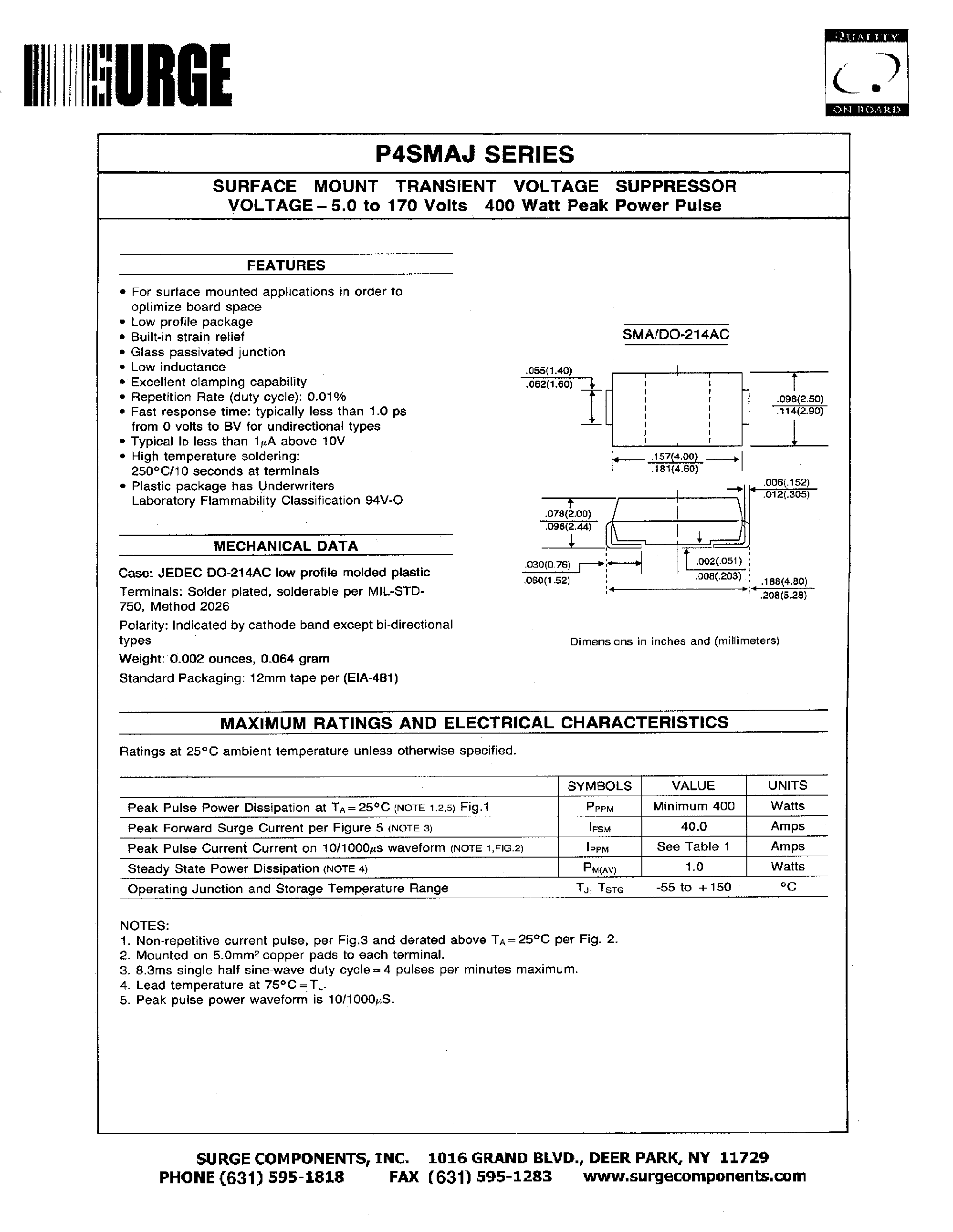 Даташит P4SMAJ5.0 - SURFACE MOUNT TRANSIENT VOLTAGE SUPPRESSOR VOLTAGE-5.0-170Volts страница 1