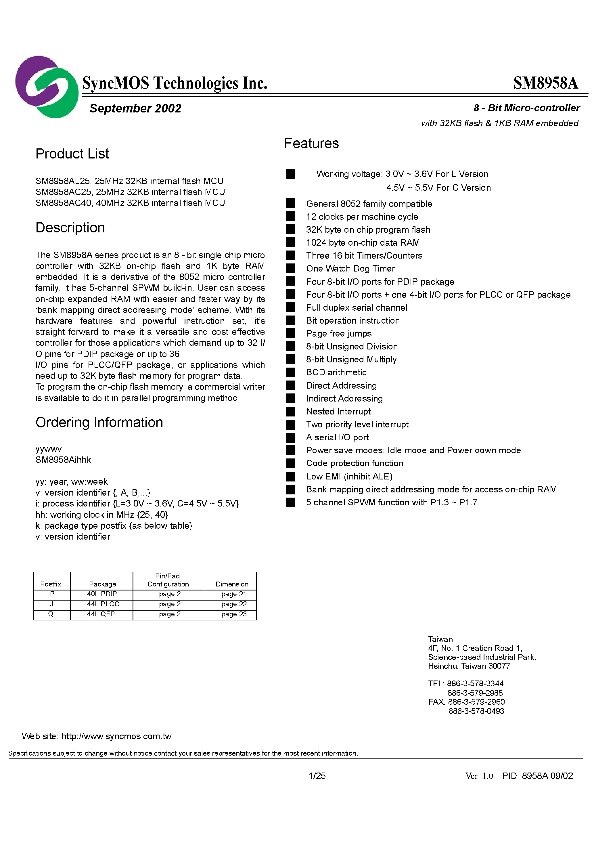 Datasheet SM8958A - 8-Bit Micro-controller with 32KB flash & 1KB RAM embedded page 1