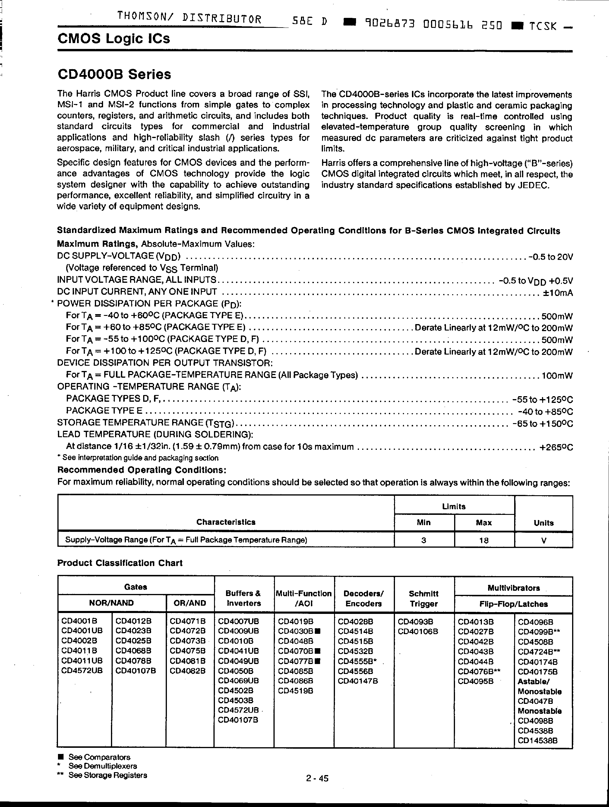 Datasheet CD4000B - CMOS Logic ICs page 1