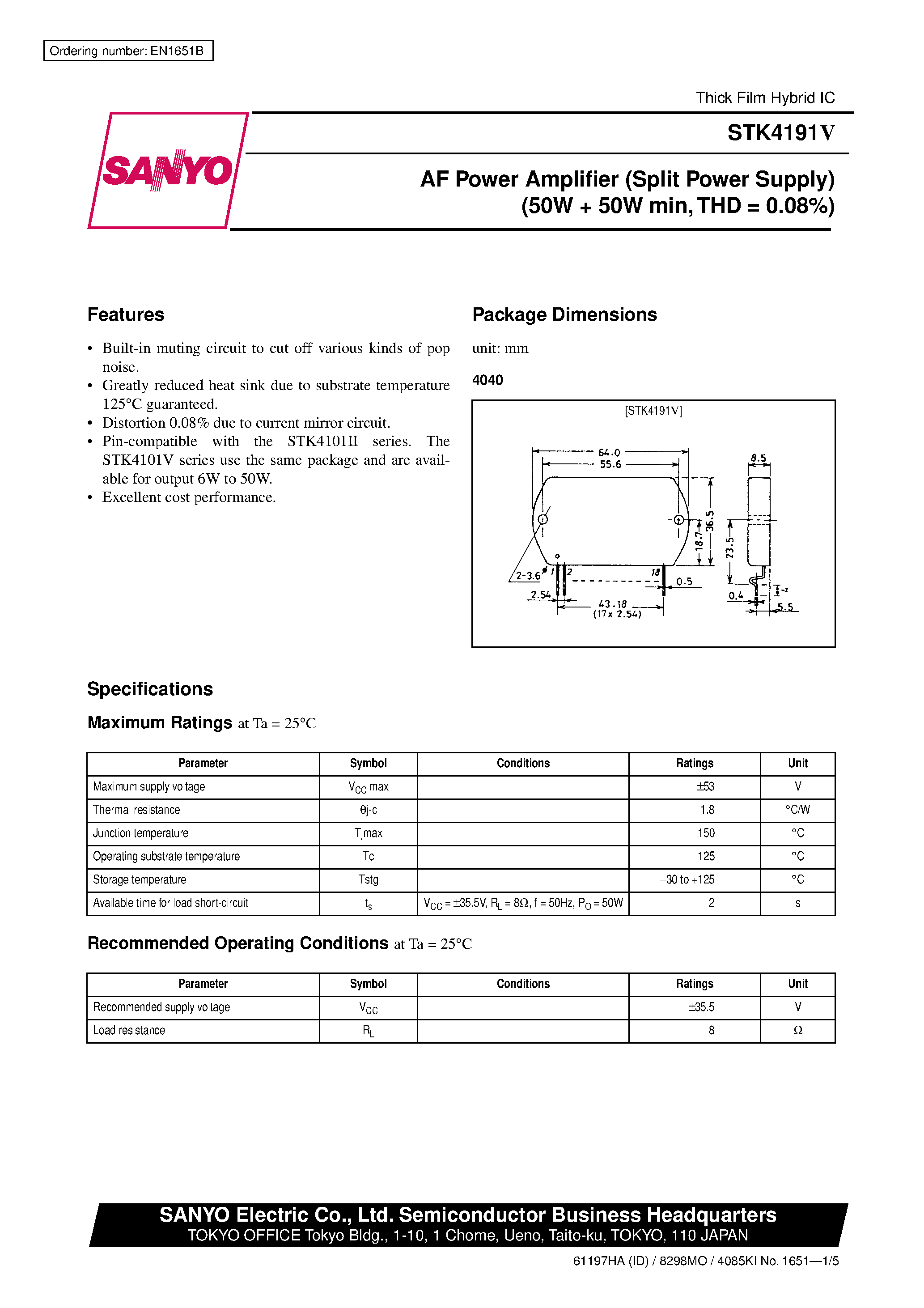 Datasheet STK4191V - AF Power Amplifier (Split Power Supply) (50W + 50W min / THD = 0.08%) page 1