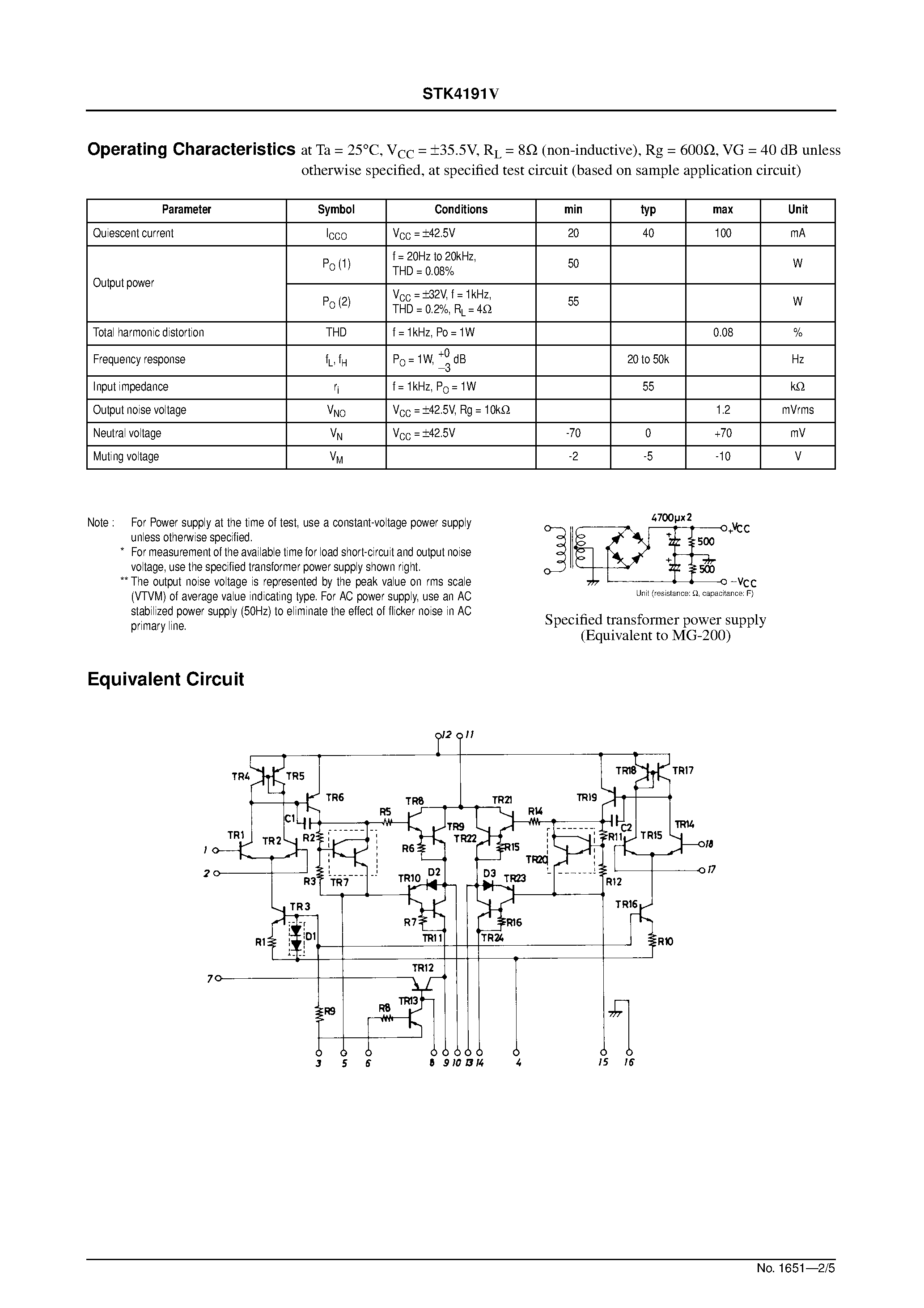 Datasheet STK4191V - AF Power Amplifier (Split Power Supply) (50W + 50W min / THD = 0.08%) page 2