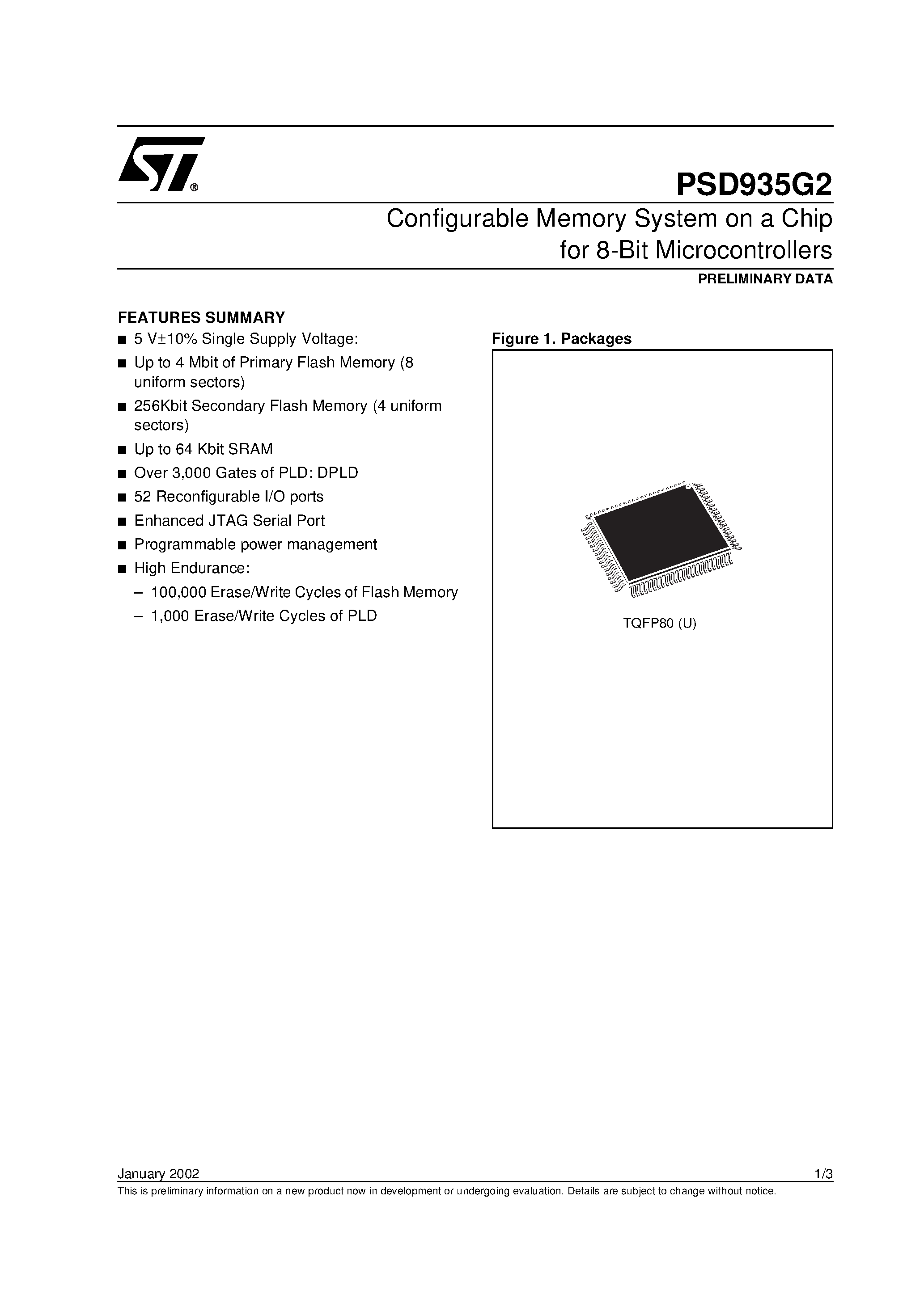 Datasheet PSD935G1-B-70M - Configurable Memory System on a Chip for 8-Bit Microcontrollers page 1