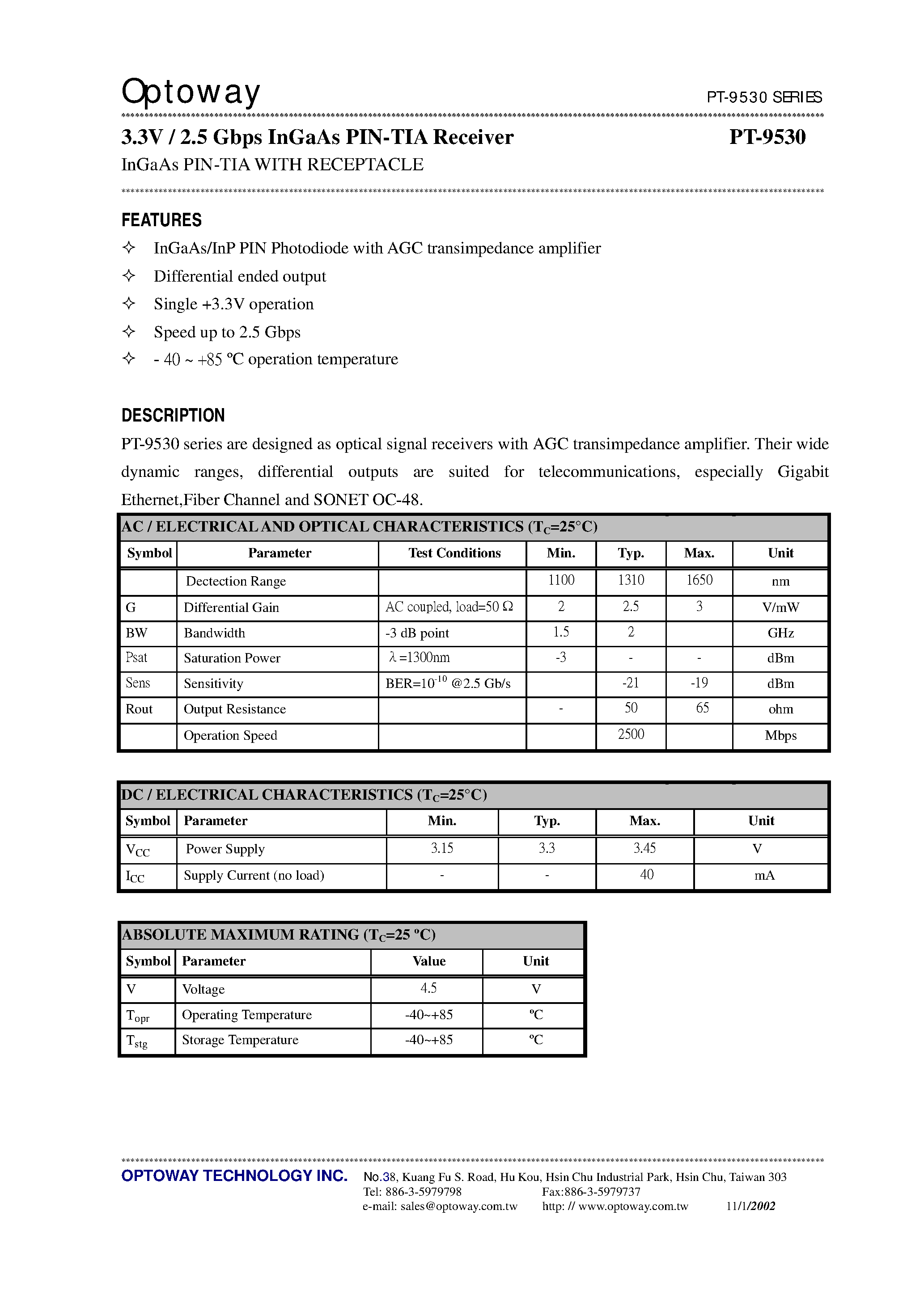 Даташит PT-9530 - 3.3V / 2.5 Gbps InGaAs PIN-TIA Receiver InGaAs PIN-TIA WITH RECEPTACLE страница 1