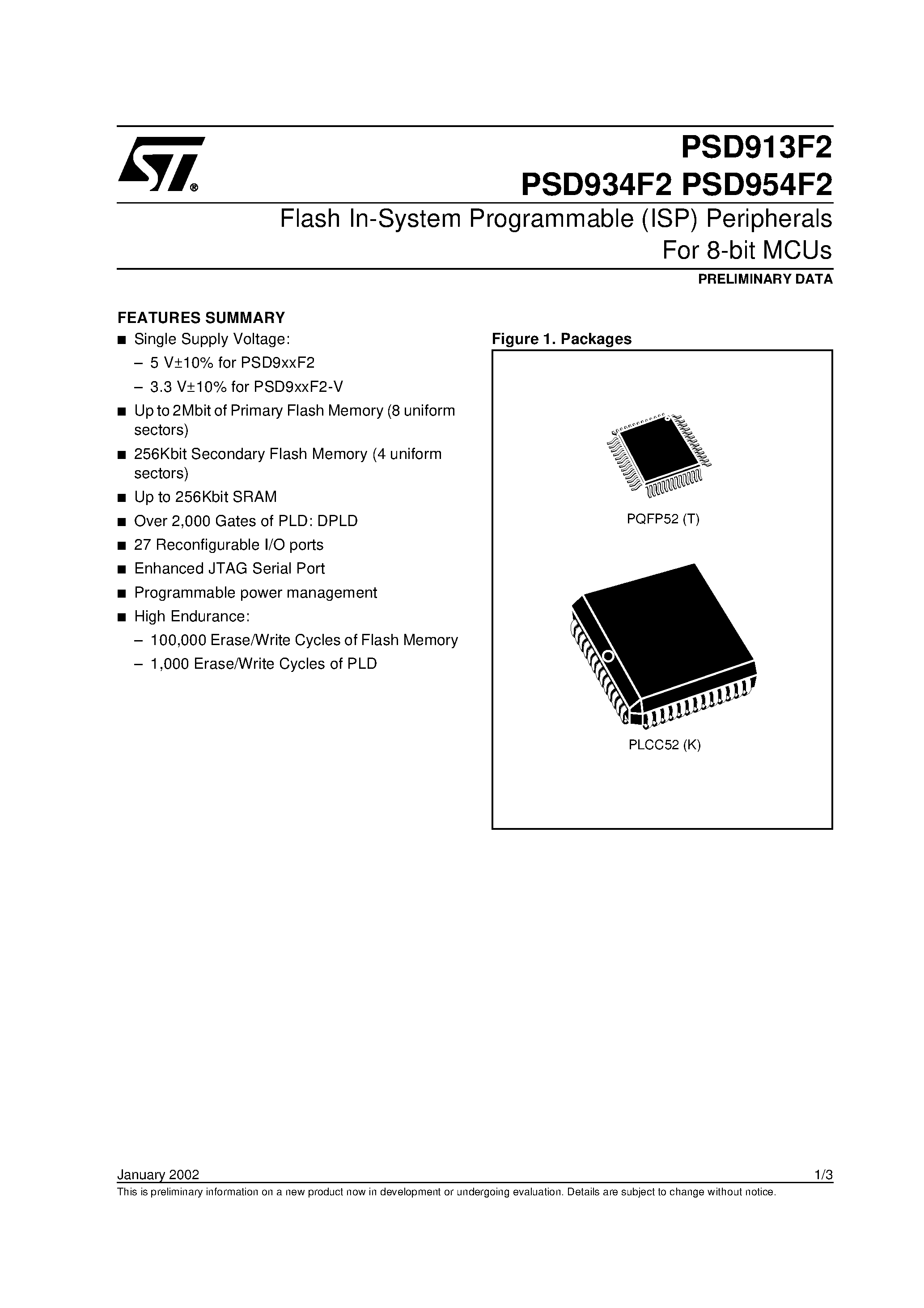 Datasheet PSD913G3V-B-90UI - Flash In-System Programmable ISP Peripherals For 8-bit MCUs page 1