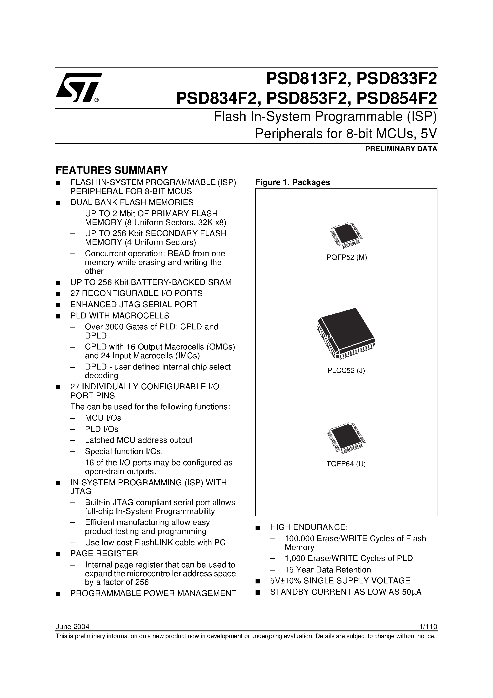 Даташит PSD9342V15JIT - Flash PSD / 3.3V Supply / for 8-bit MCUs 2 Mbit 256 Kbit Dual Flash Memories and 64 Kbit SRAM страница 1