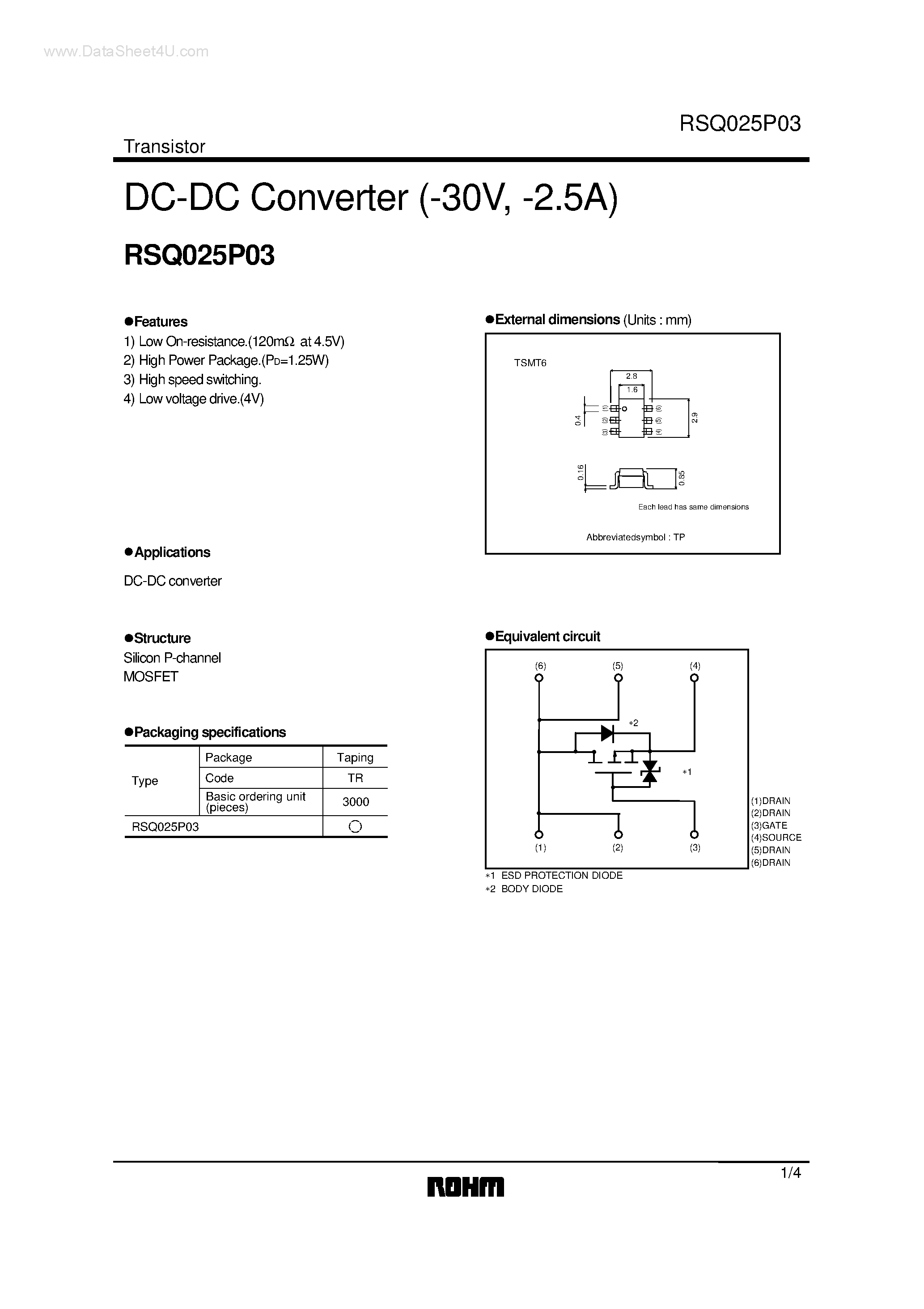 Даташит RSQ025P03 - DC-DC Converter (-30V / -2.5A) страница 1