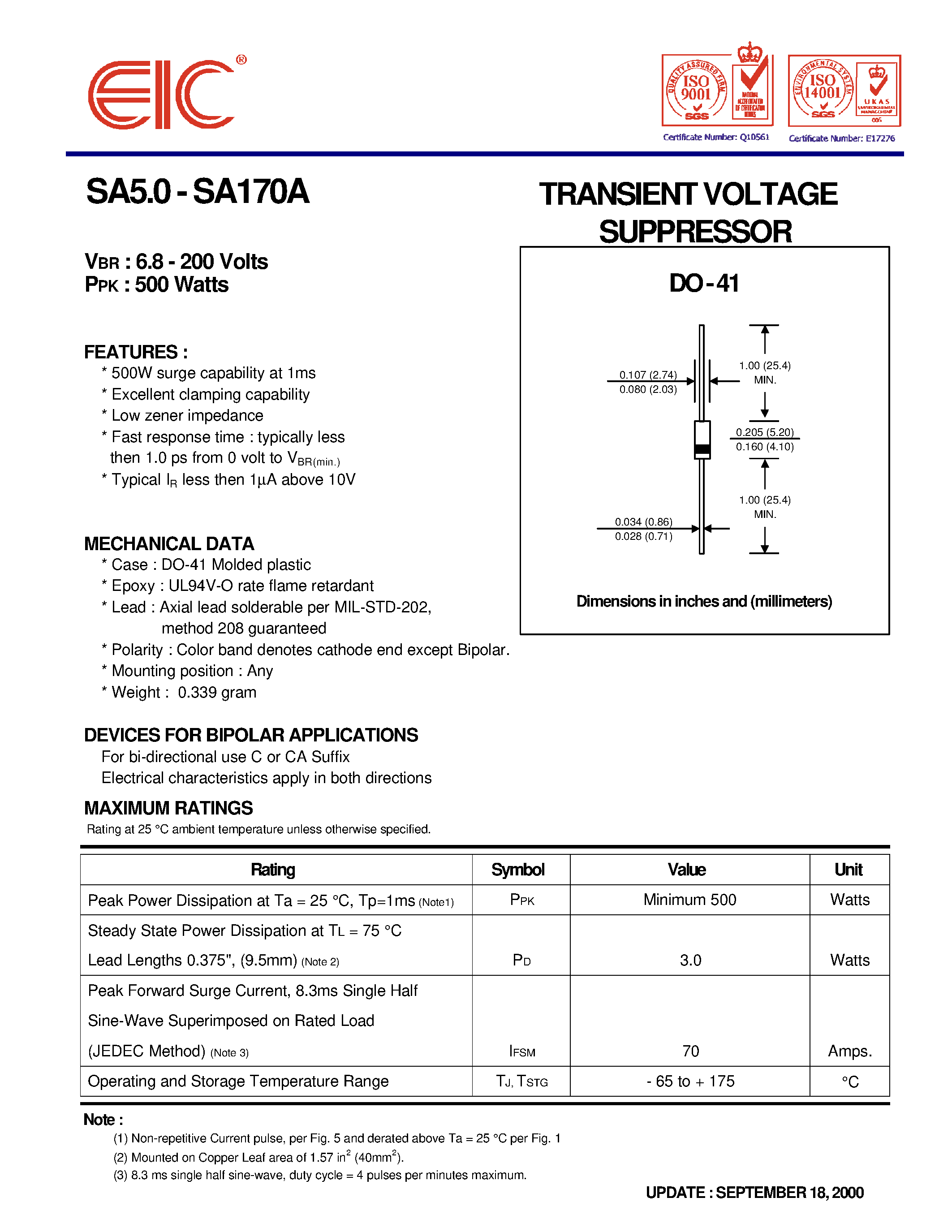 Datasheet SA10A - TRANSIENT VOLTAGE SUPPRESSOR page 1