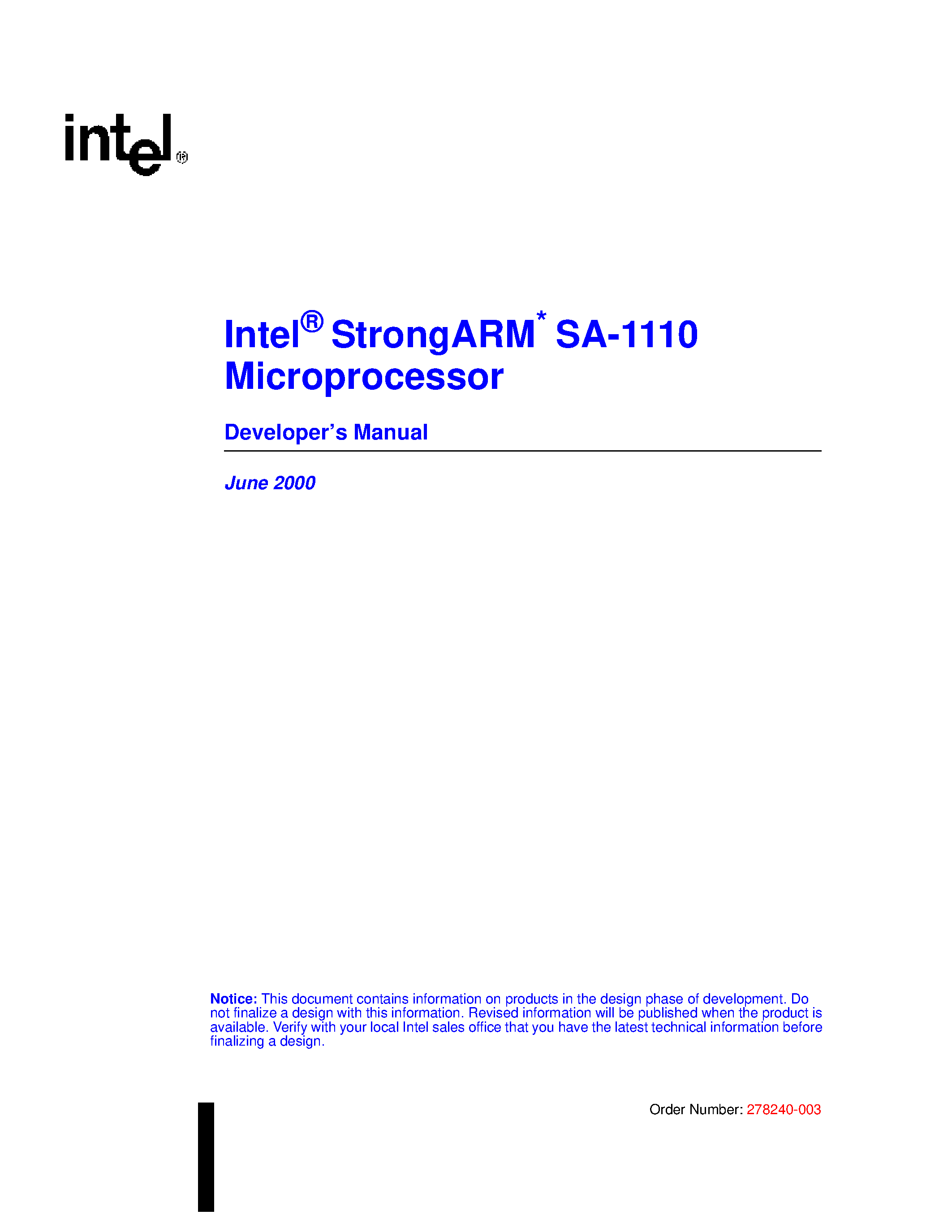 Datasheet SA1110 - Intel StrongARM SA-1110 Microprocessor page 1