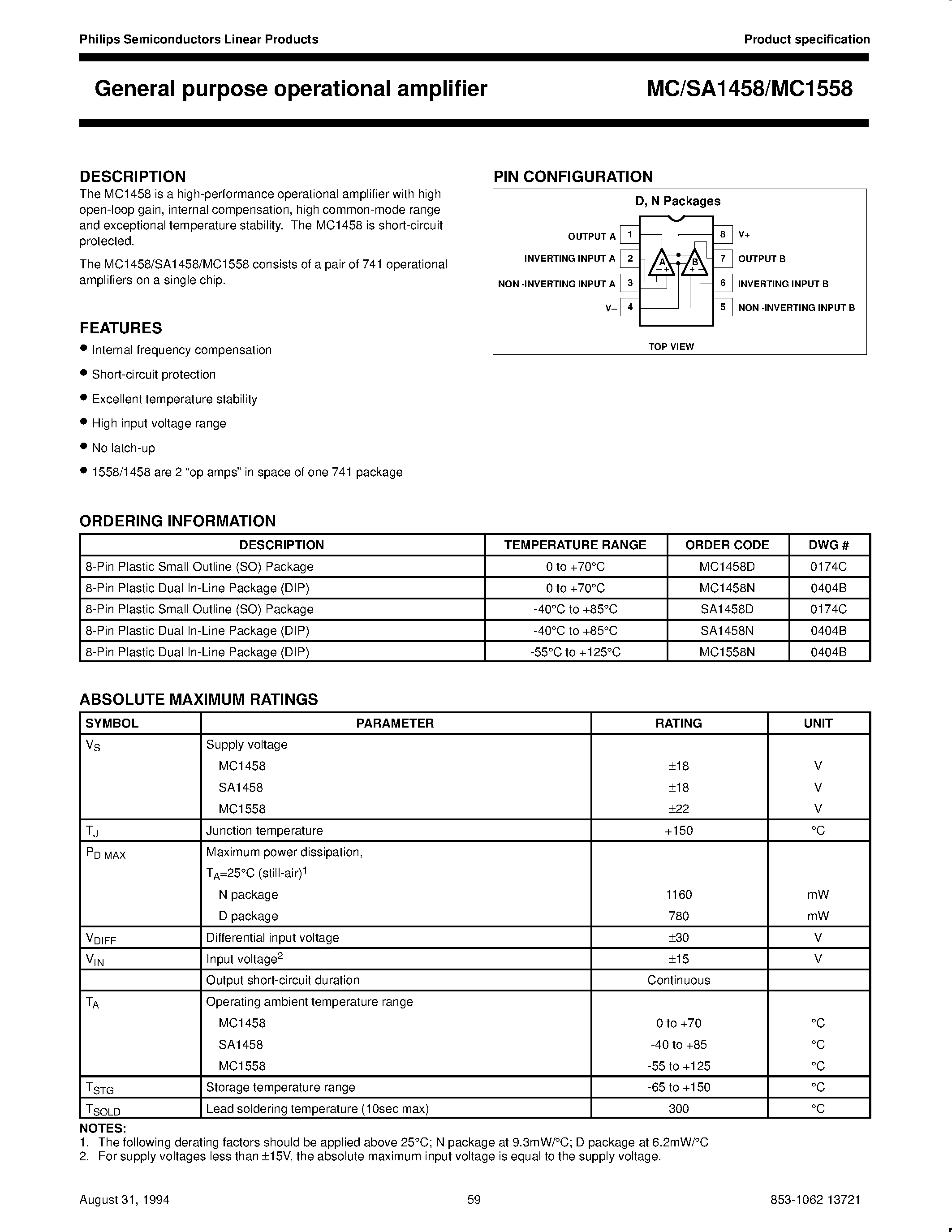 Datasheet SA1458 - General purpose operational amplifier page 1