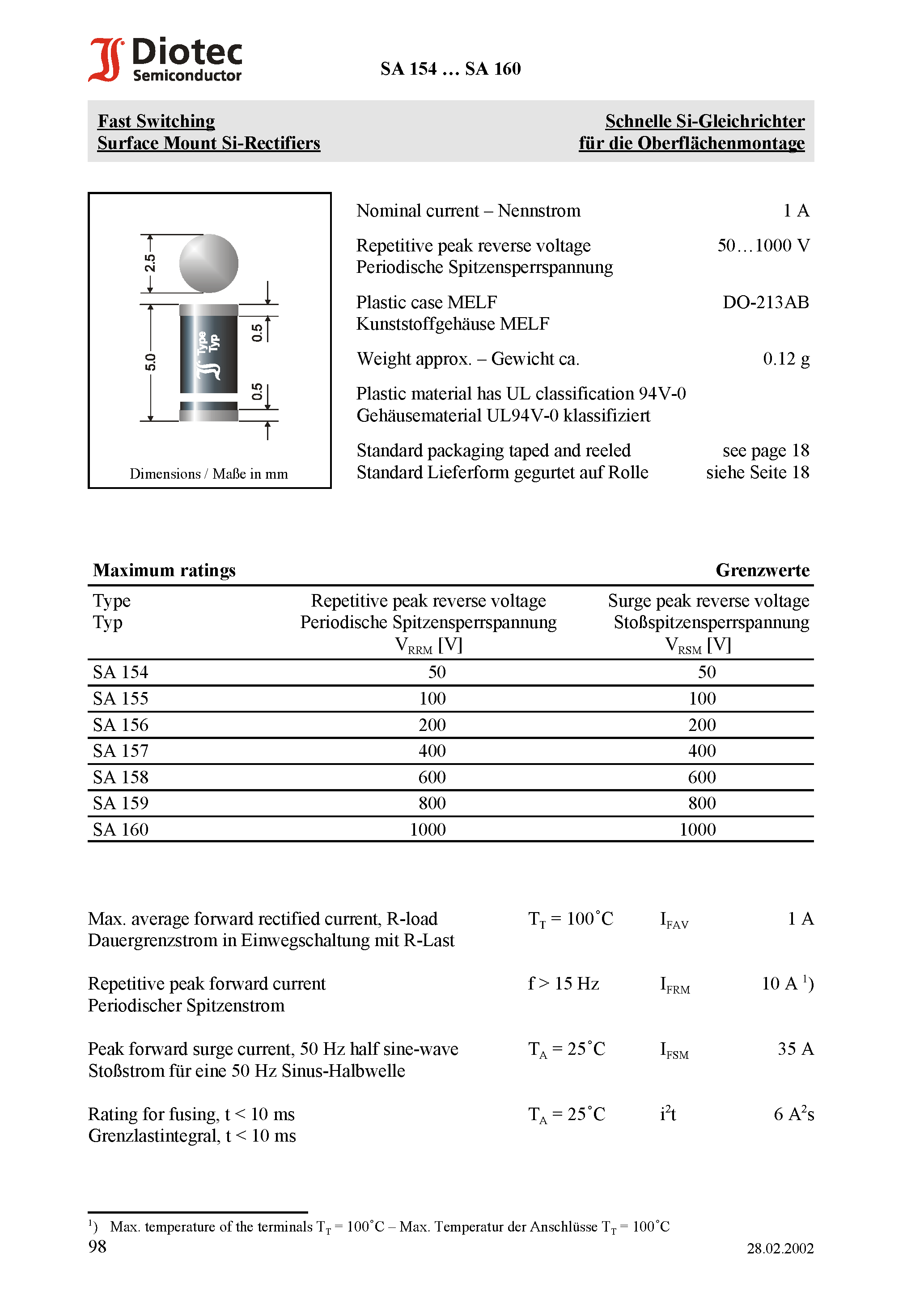 Datasheet SA154 - Fast Switching Surface Mount Si-Rectifiers page 1