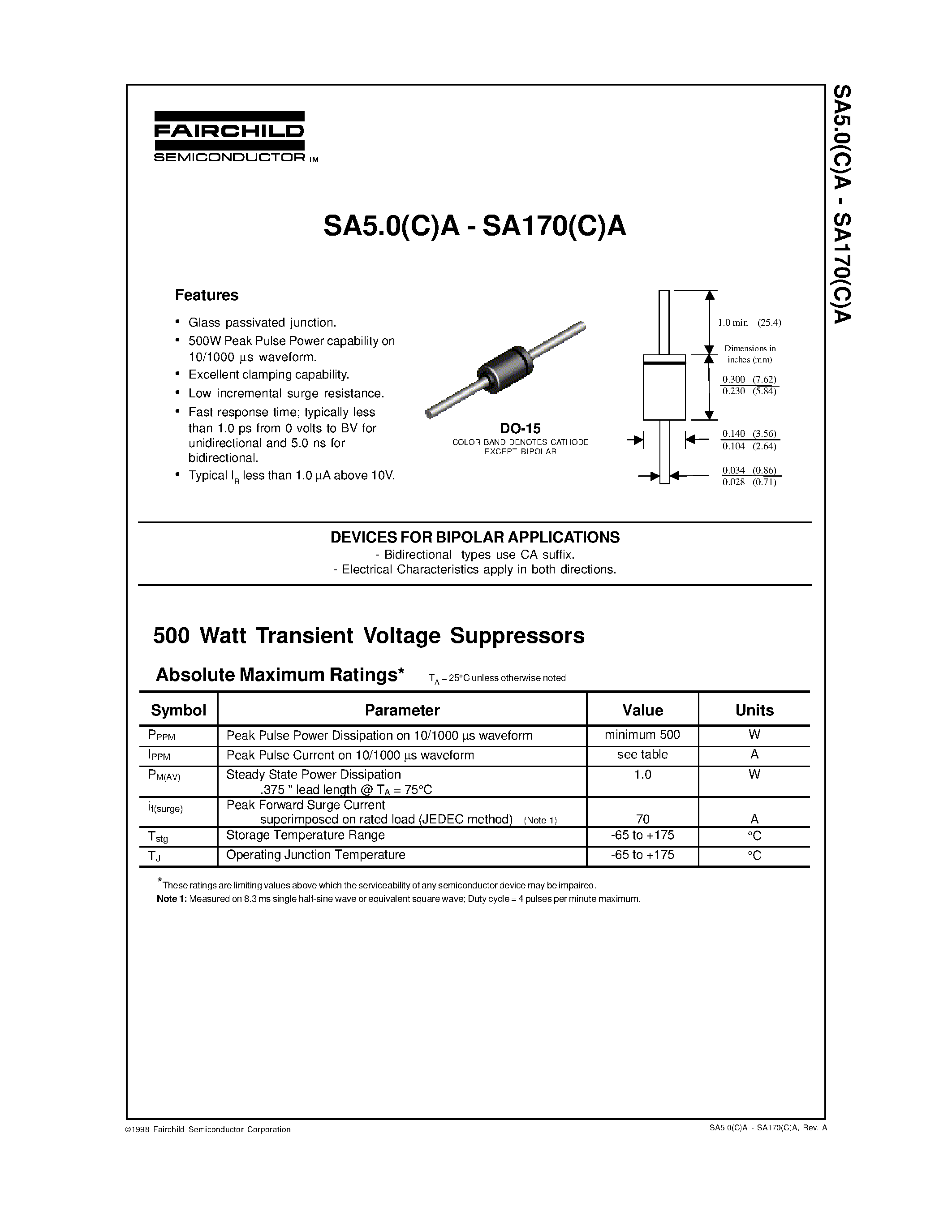 Даташит SA160(C)A - DEVICES FOR BIPOLAR APPLICATIONS страница 1