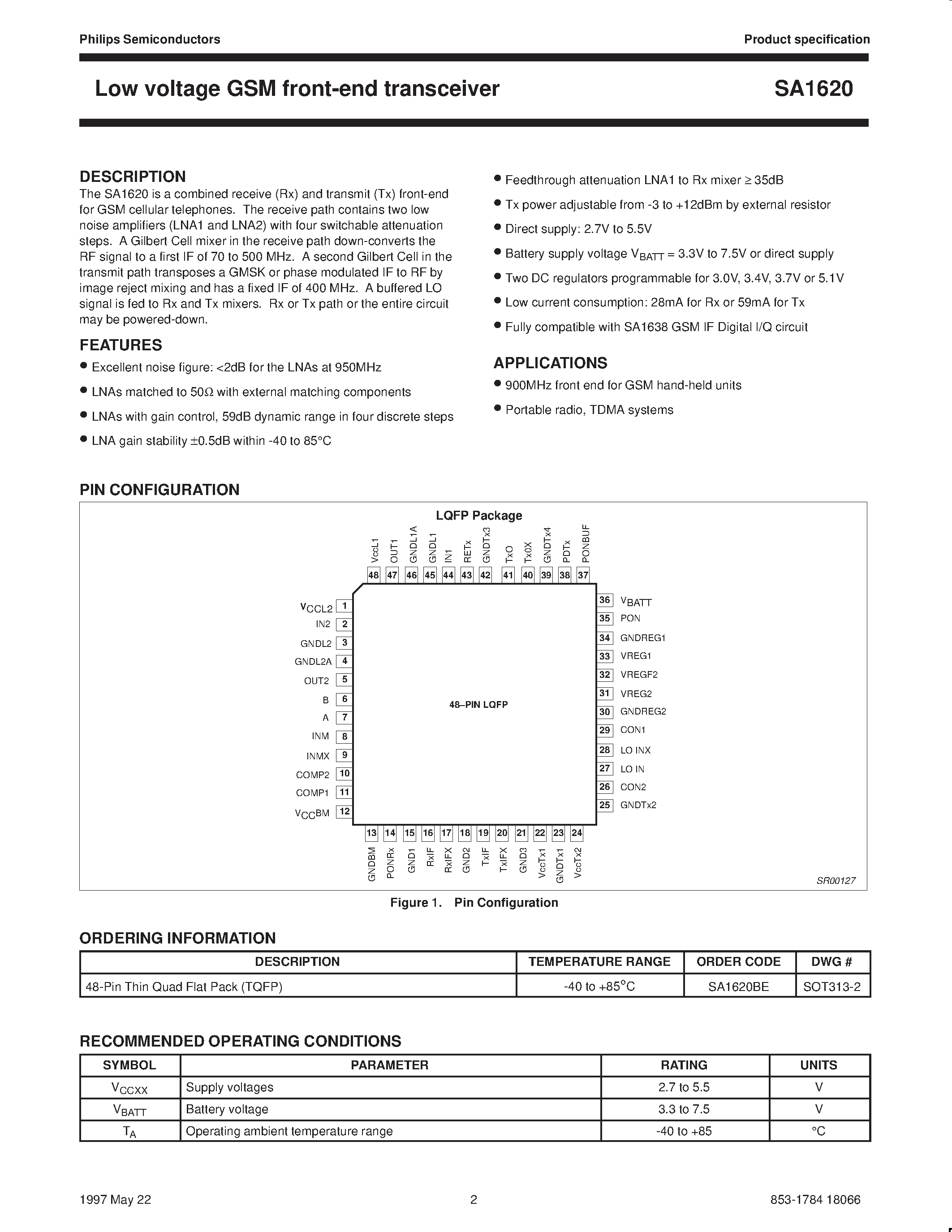 Datasheet SA1620 - Low voltage GSM front-end transceiver page 2