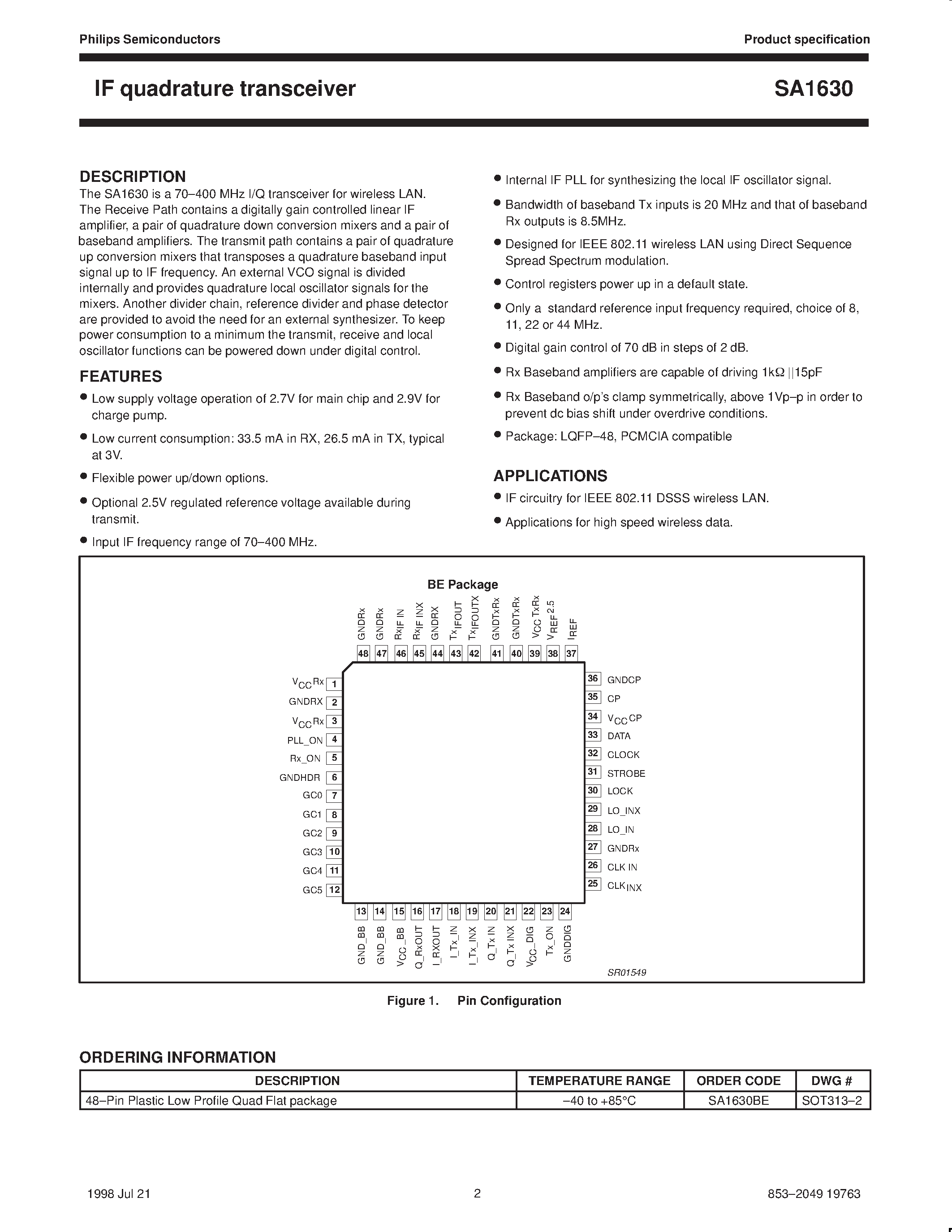 Datasheet SA1630 - IF quadrature transceiver page 2