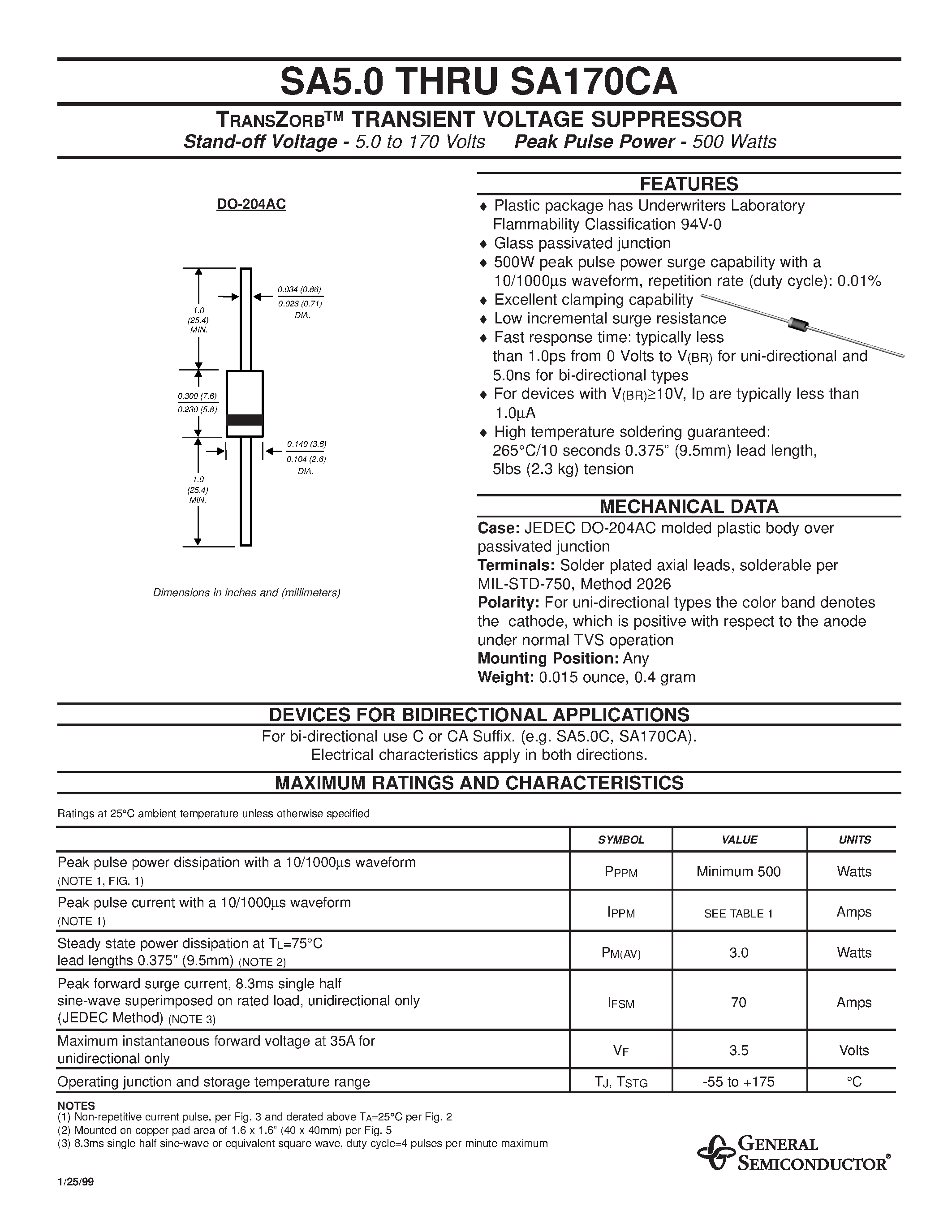 Даташит SA20A - TRANSZORB TRANSIENT VOLTAGE SUPPRESSOR страница 1