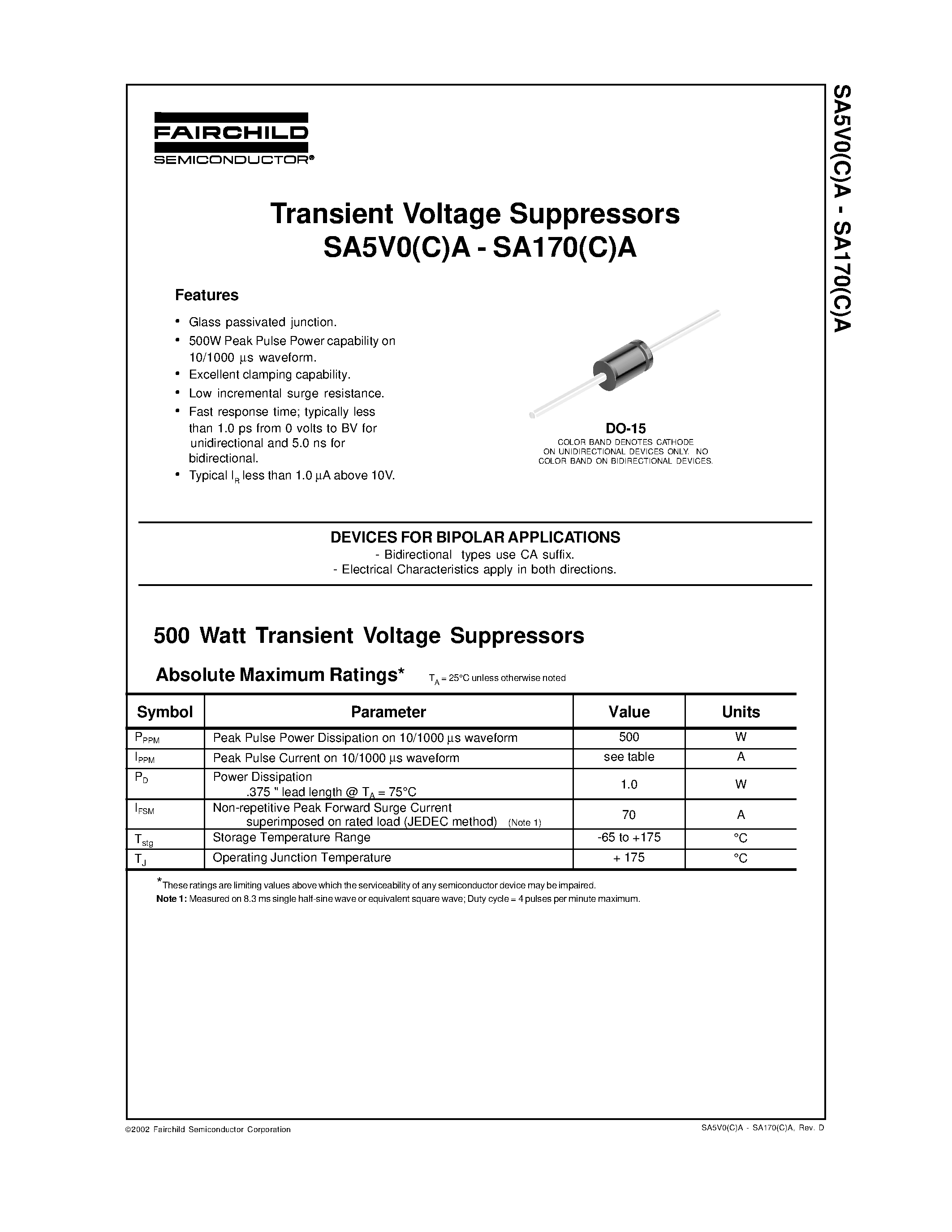 Даташит SA20A - Transient Voltage Suppressors страница 1