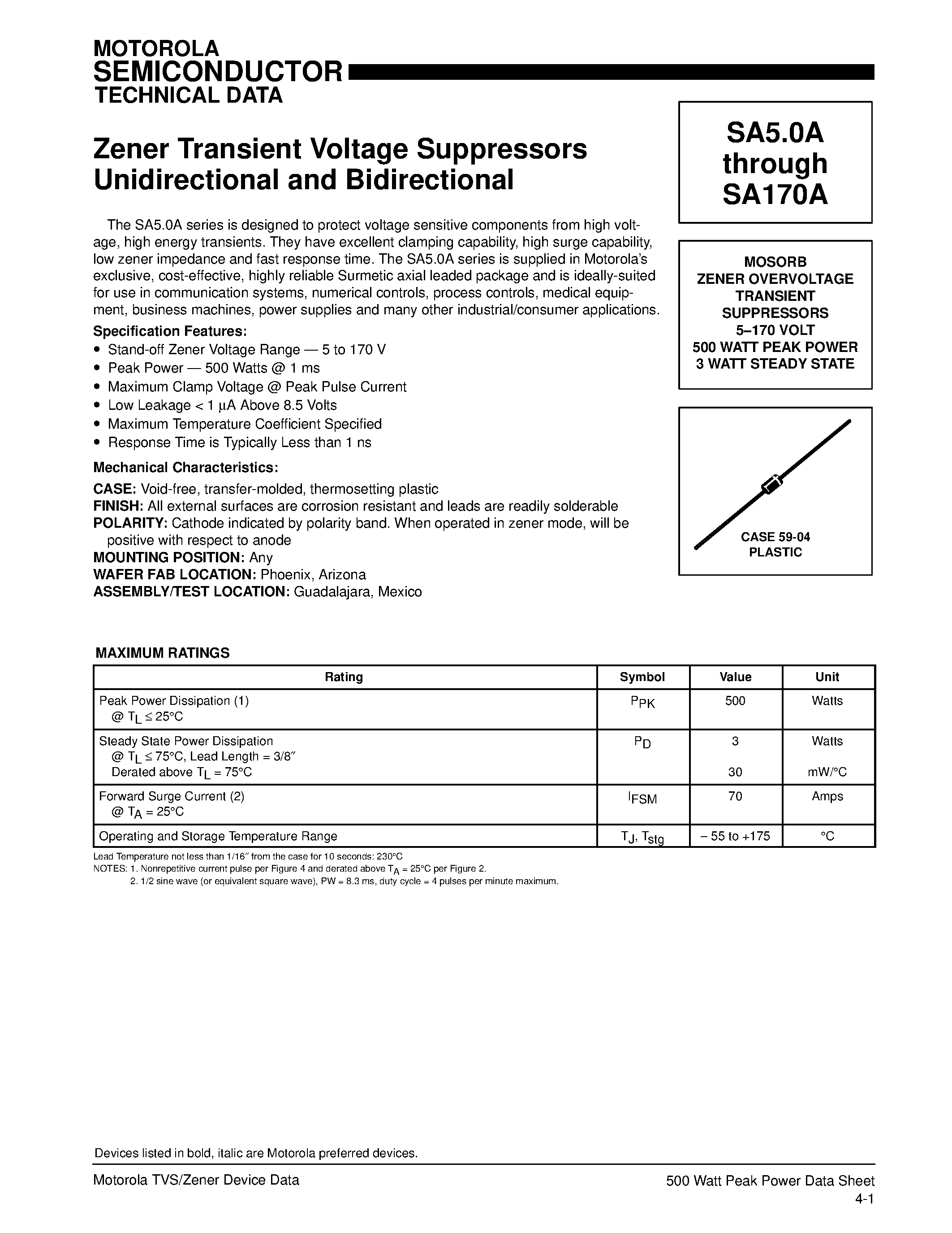 Даташит SA22A - MOSORB ZENER OVERVOLTAGE TRANSIENT SUPPRESSORS страница 1