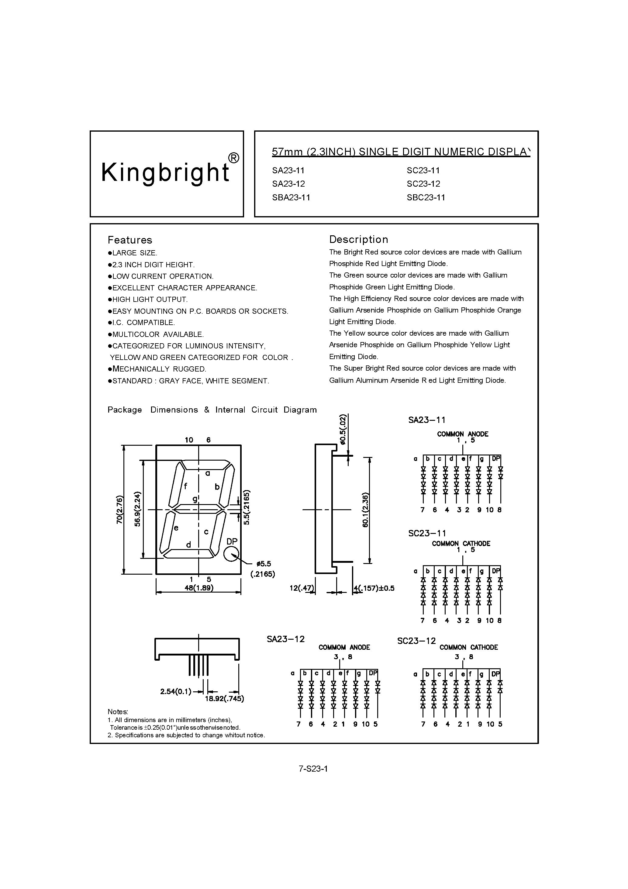 Даташит SA23-11 - 57 MM SINGLE DIGIT NUMERIC DISPLA страница 1