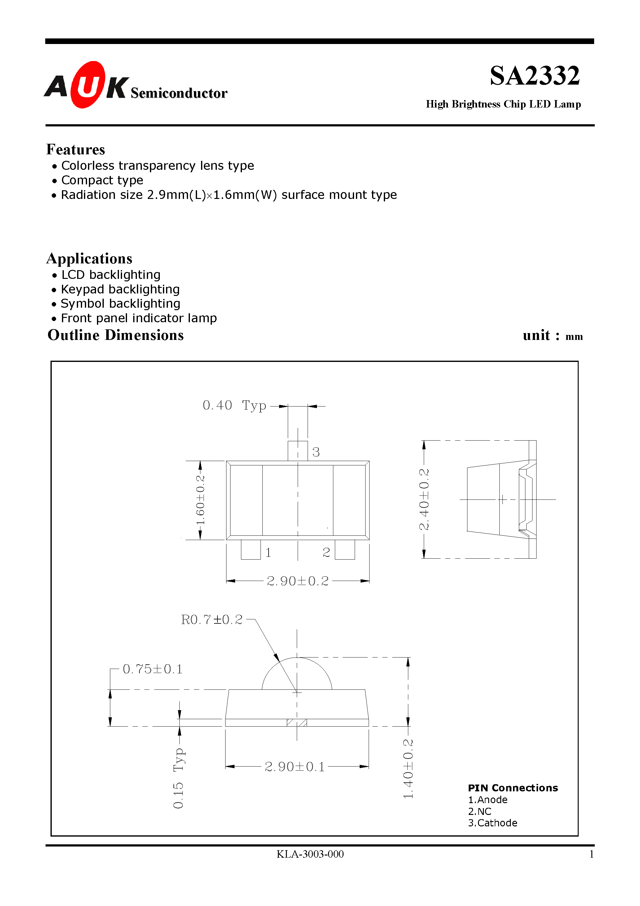 Даташит SA2332 - High Brightness Chip LED Lamp страница 1