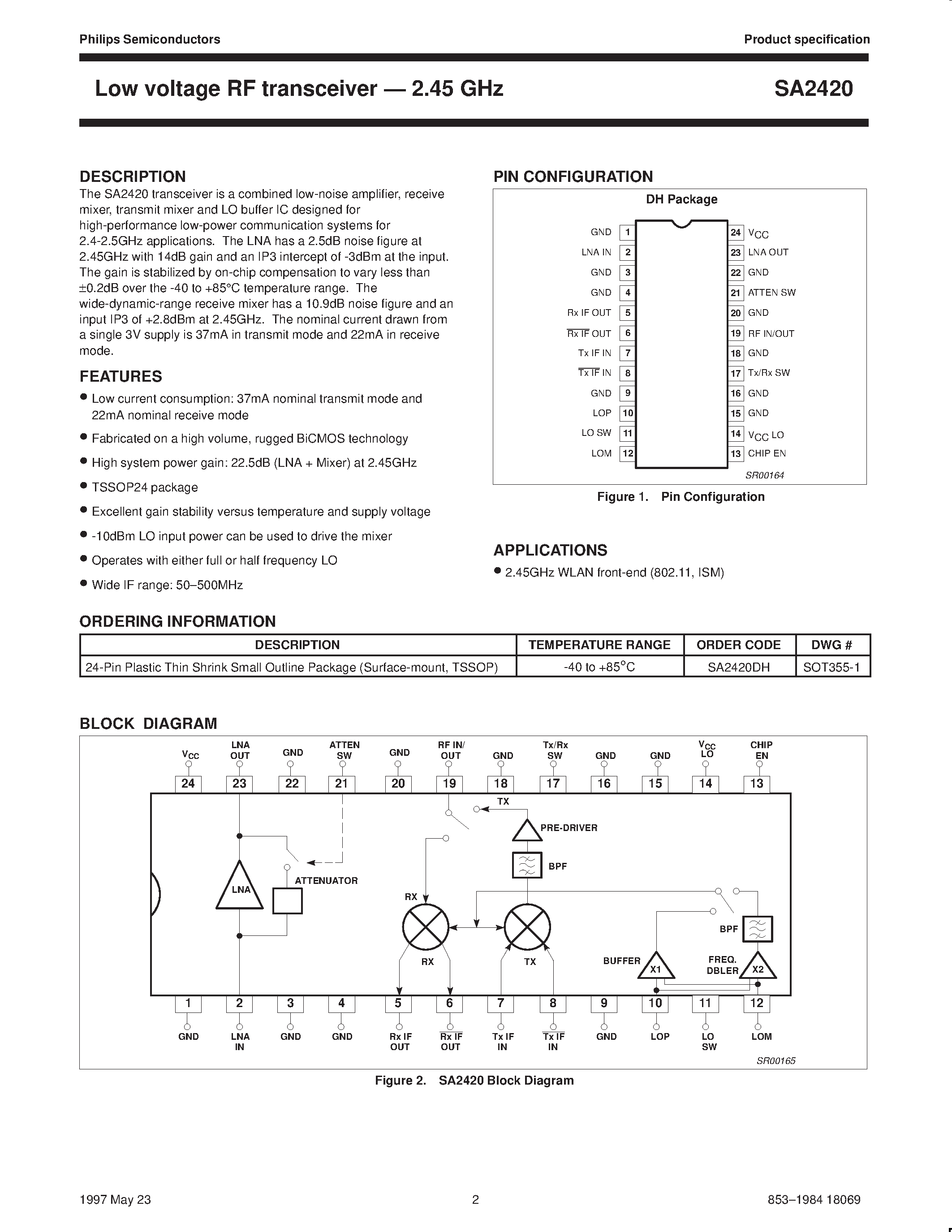 Даташит SA2420 - Low voltage RF transceiver . 2.45GHz страница 2