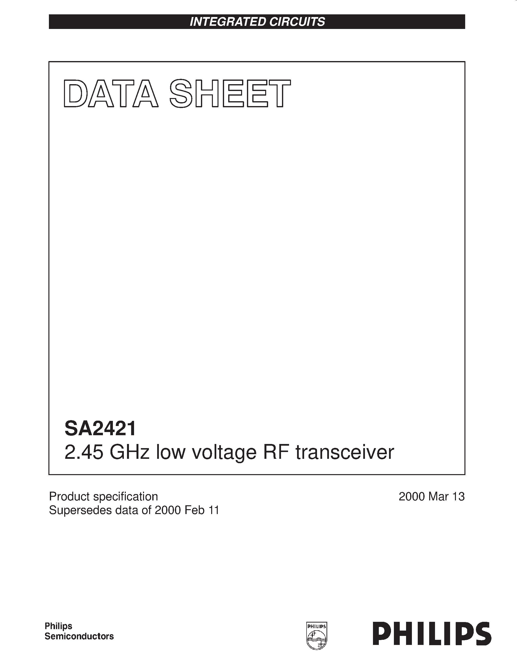 Даташит SA2421DH - 2.45 GHz low voltage RF transceiver страница 1