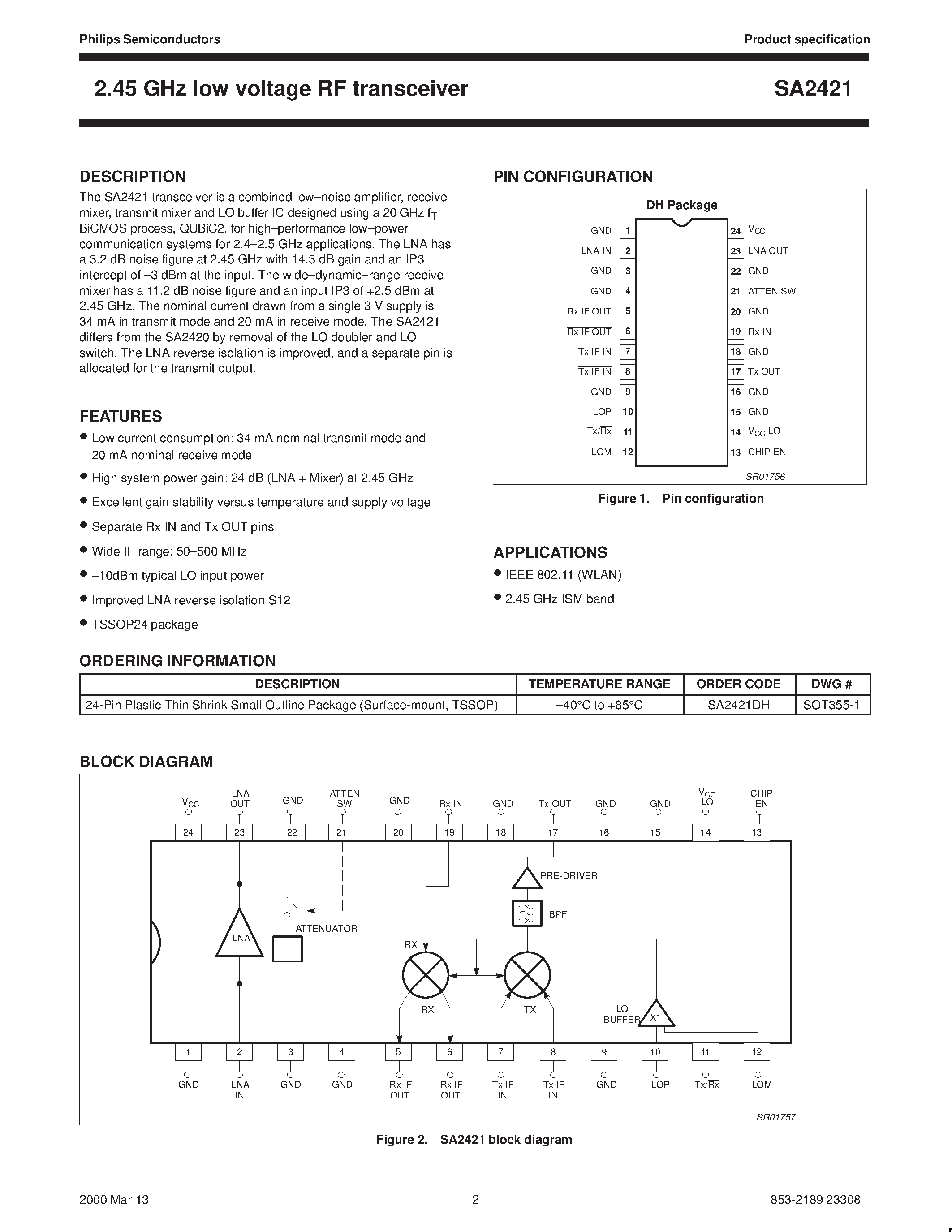 Даташит SA2421DH - 2.45 GHz low voltage RF transceiver страница 2