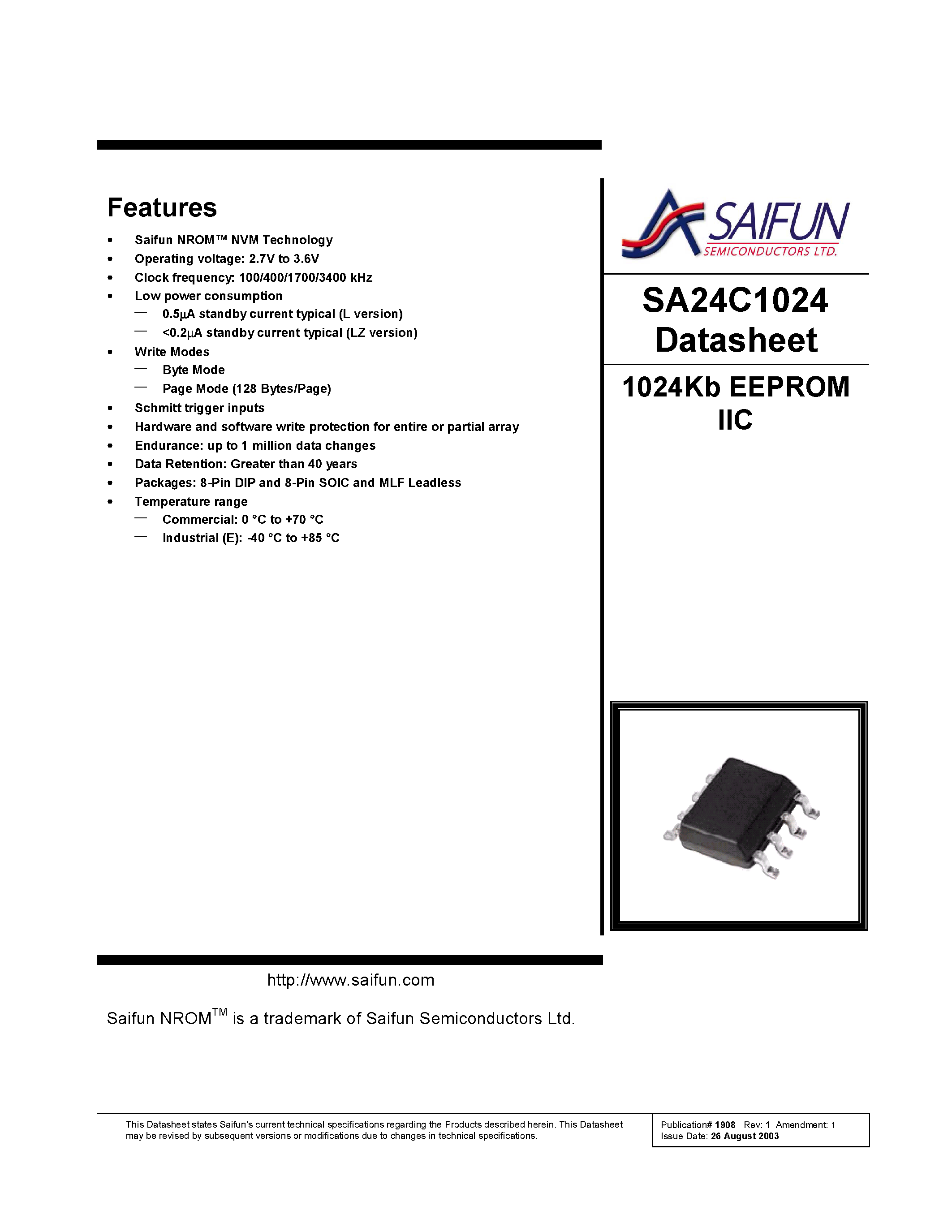 Datasheet SA24C1024 - 1024Kb EEPROM IIC page 1