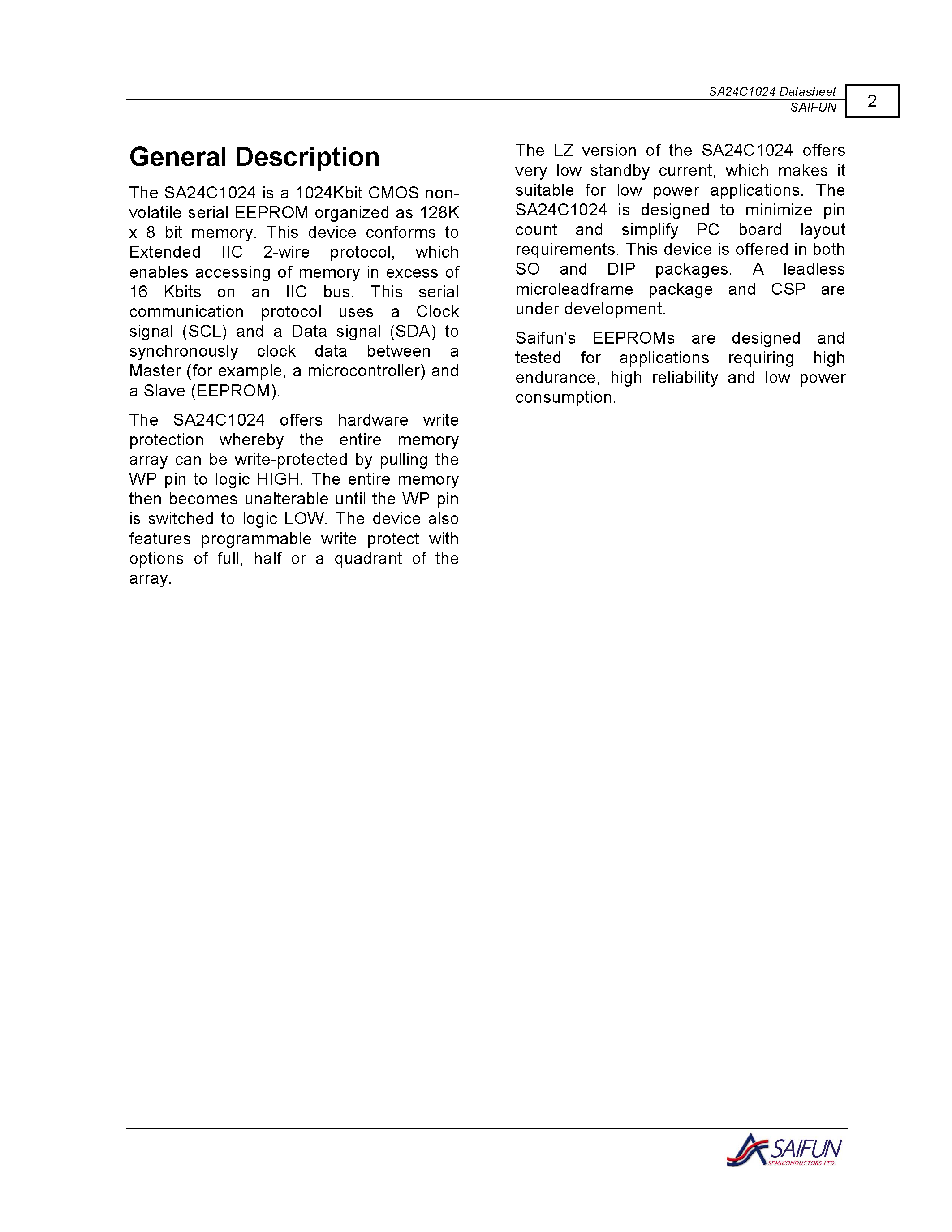 Datasheet SA24C1024 - 1024Kb EEPROM IIC page 2