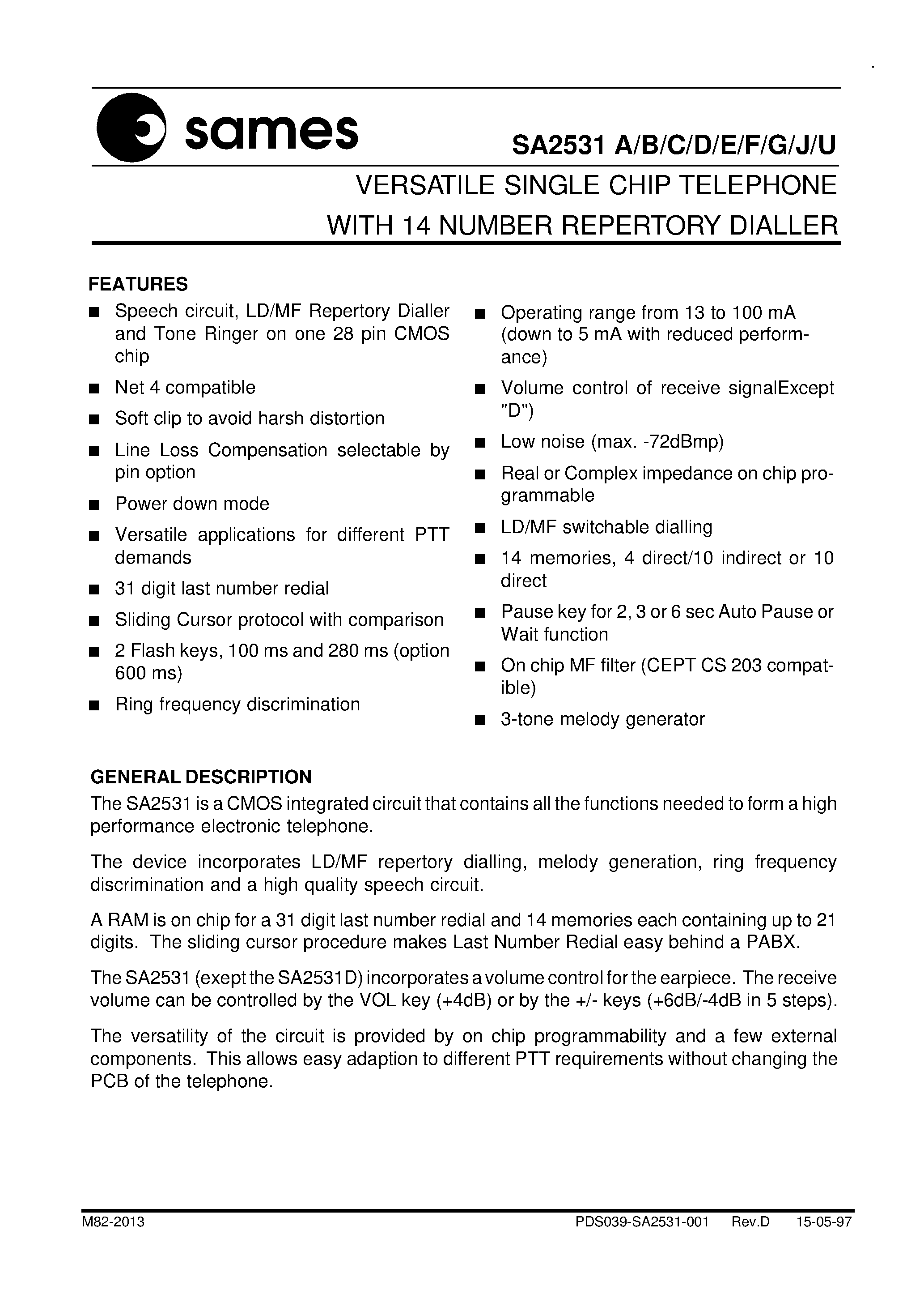 Datasheet SA2531 - VERSATILE SINGLE CHIP TELEPHONE WITH 14 NUMBER REPERTORY DIALLER page 1