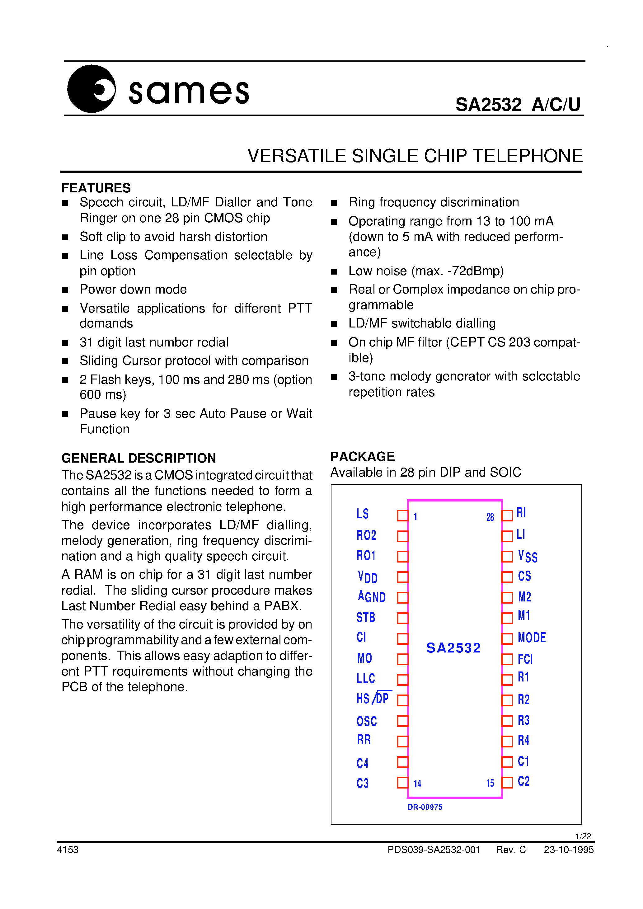 Даташит SA2532 - VERSATILE SINGLE CHIP TELEPHONE страница 1