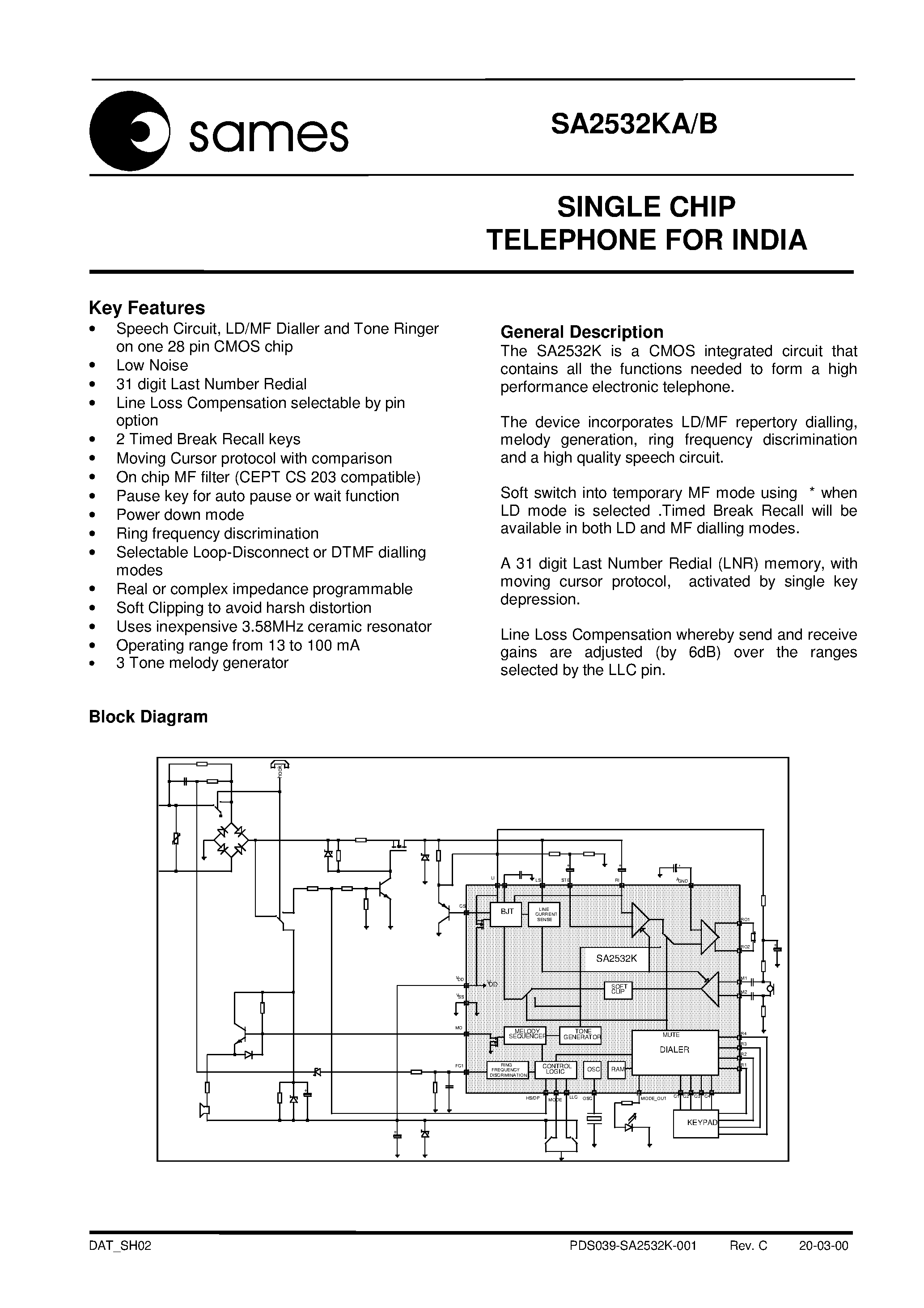 Даташит SA2532KB - SINGLE CHIP TELEPHONE FOR INDIA страница 1