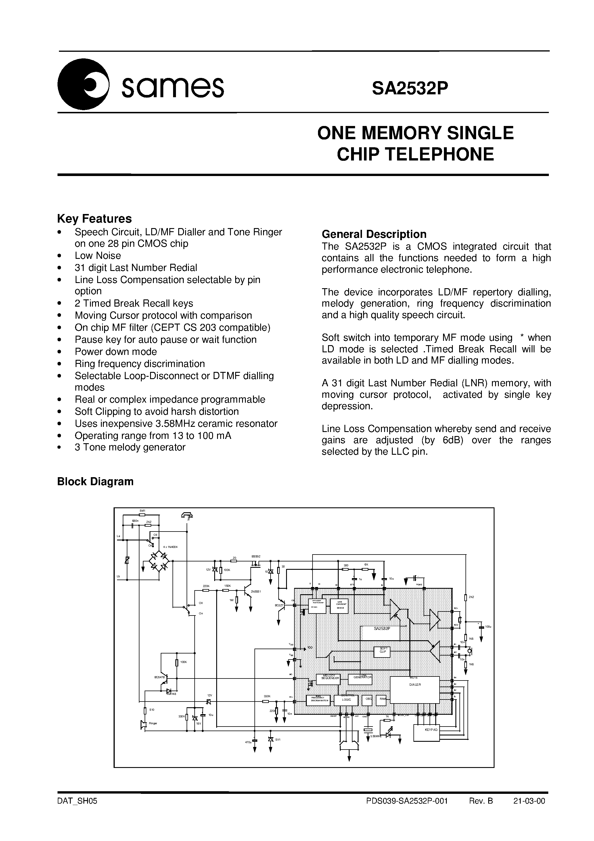 Даташит SA2532P - ONE MEMORY SINGLE CHIP TELEPHONE страница 1