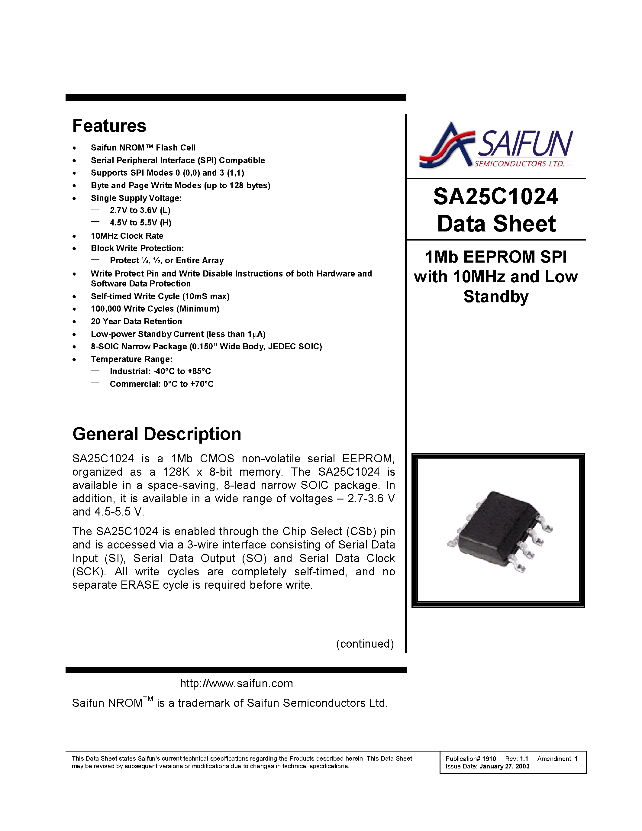 Даташит SA25C1024 - 1Mb EEPROM SPI with 10MHz and Low Standby страница 1