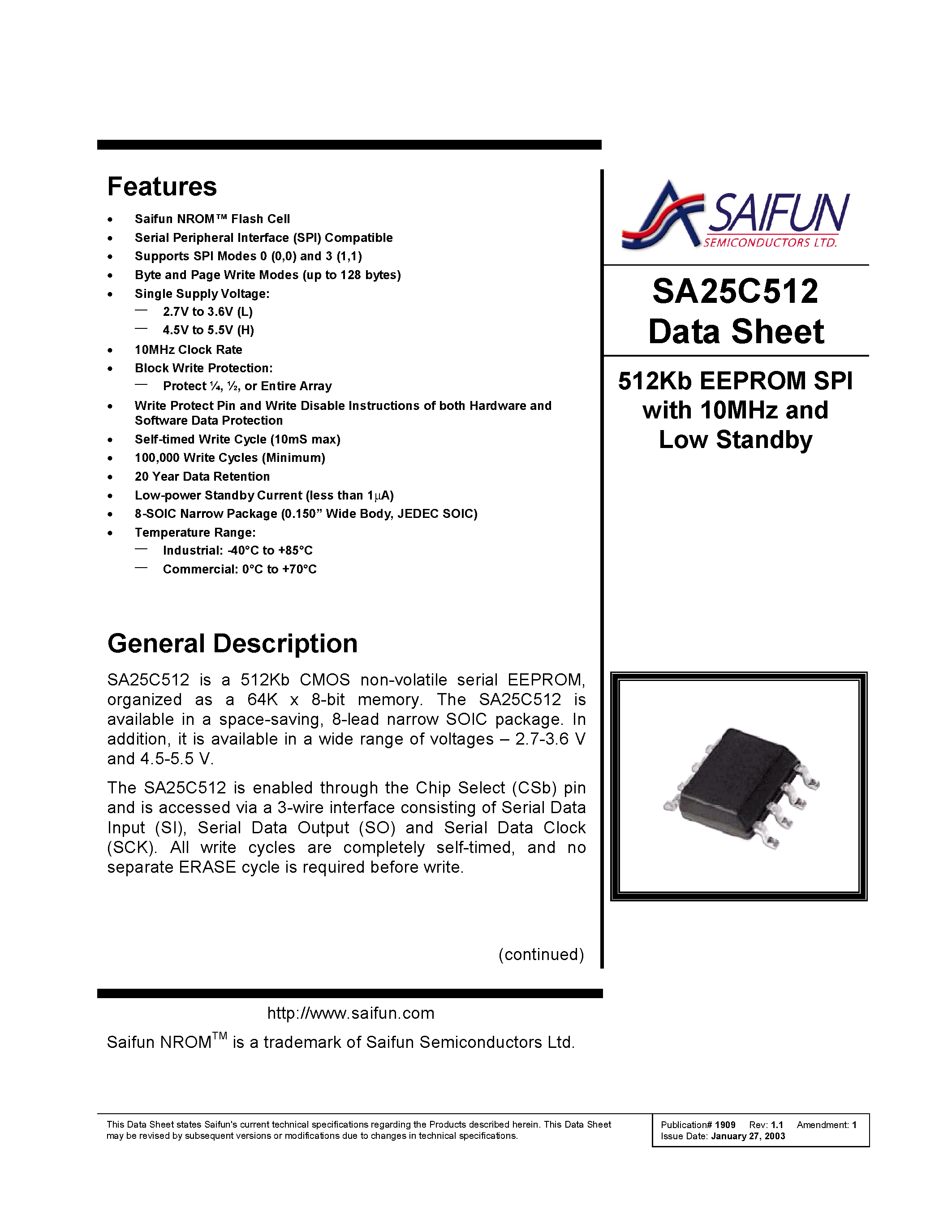 Даташит SA25C512 - 512Kb EEPROM SPI with 10MHz and Low Standby страница 1