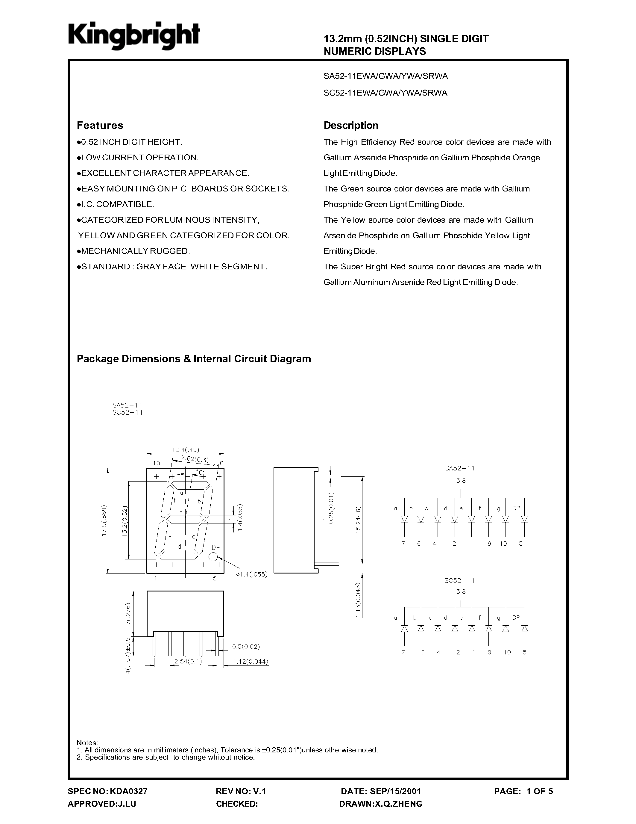 Даташит SA52-11 - 13.2 MM SIGNLE DIGIT NUMERIC DISPLAYS страница 1