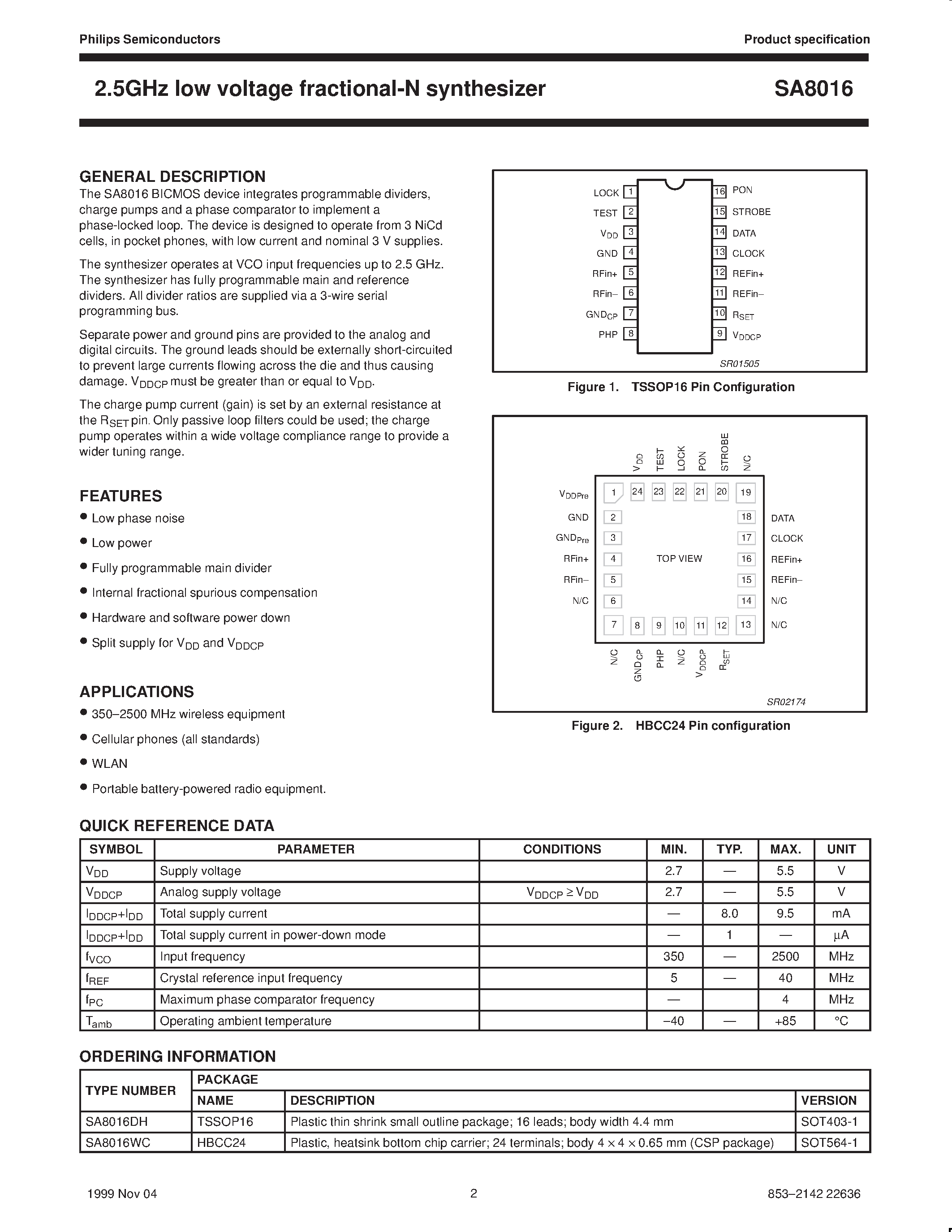 Даташит SA8016 - 2.5GHz low voltage fractional-N synthesizer страница 2