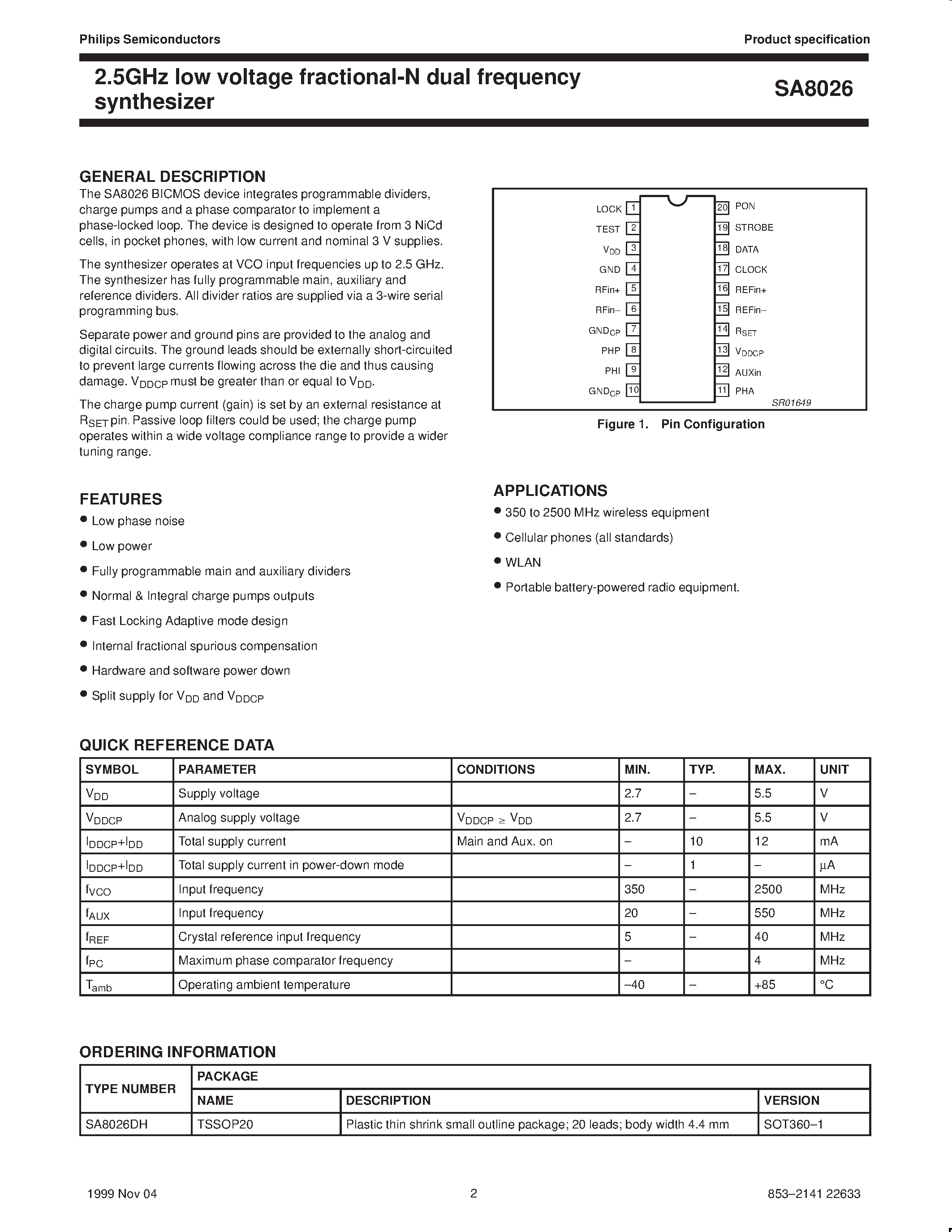 Даташит SA8026 - 2.5GHz low voltage fractional-N dual frequency synthesizer страница 2