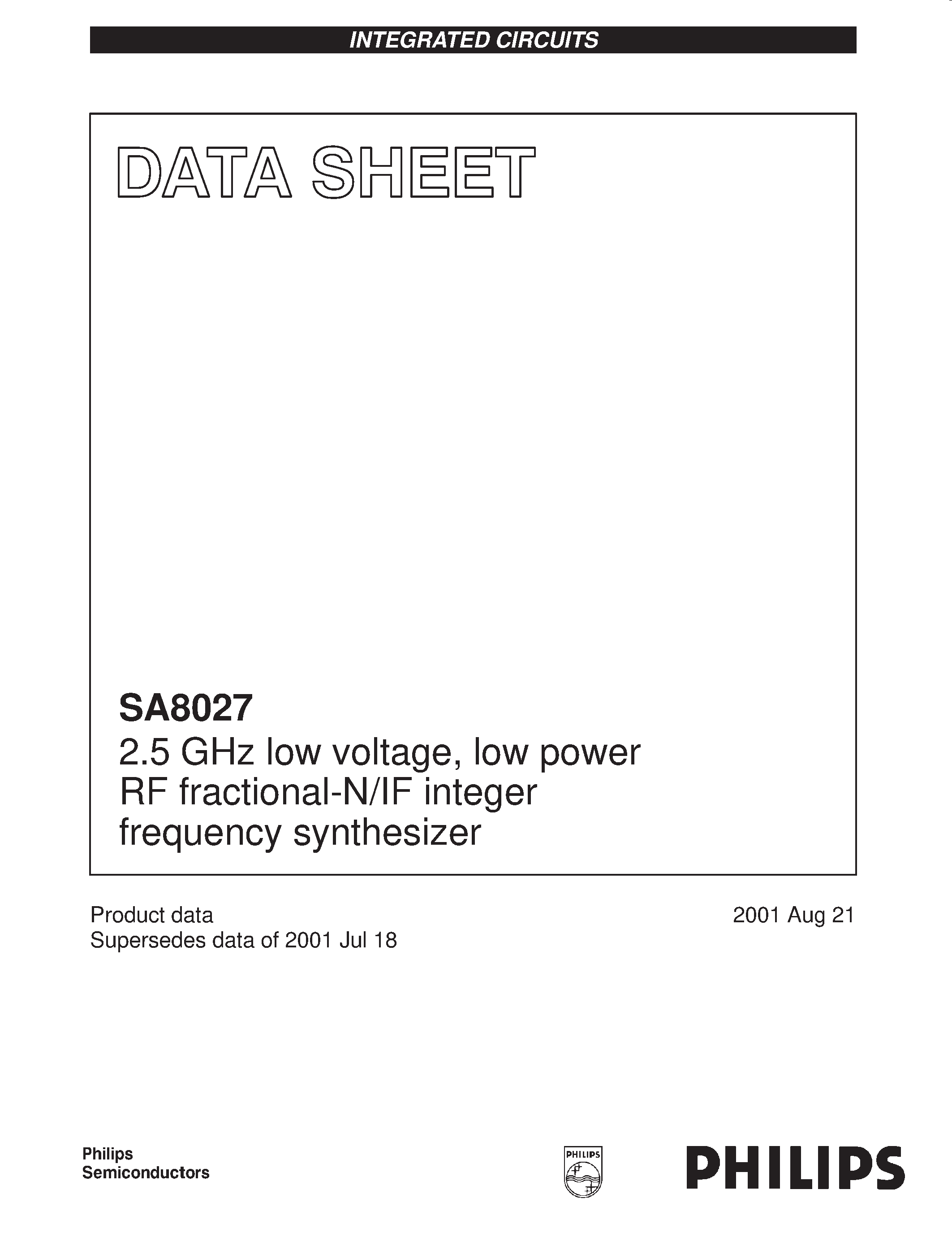 Даташит SA8027 - 2.5 GHz low voltage / low power RF fractional-N/IF integer frequency synthesizer страница 1