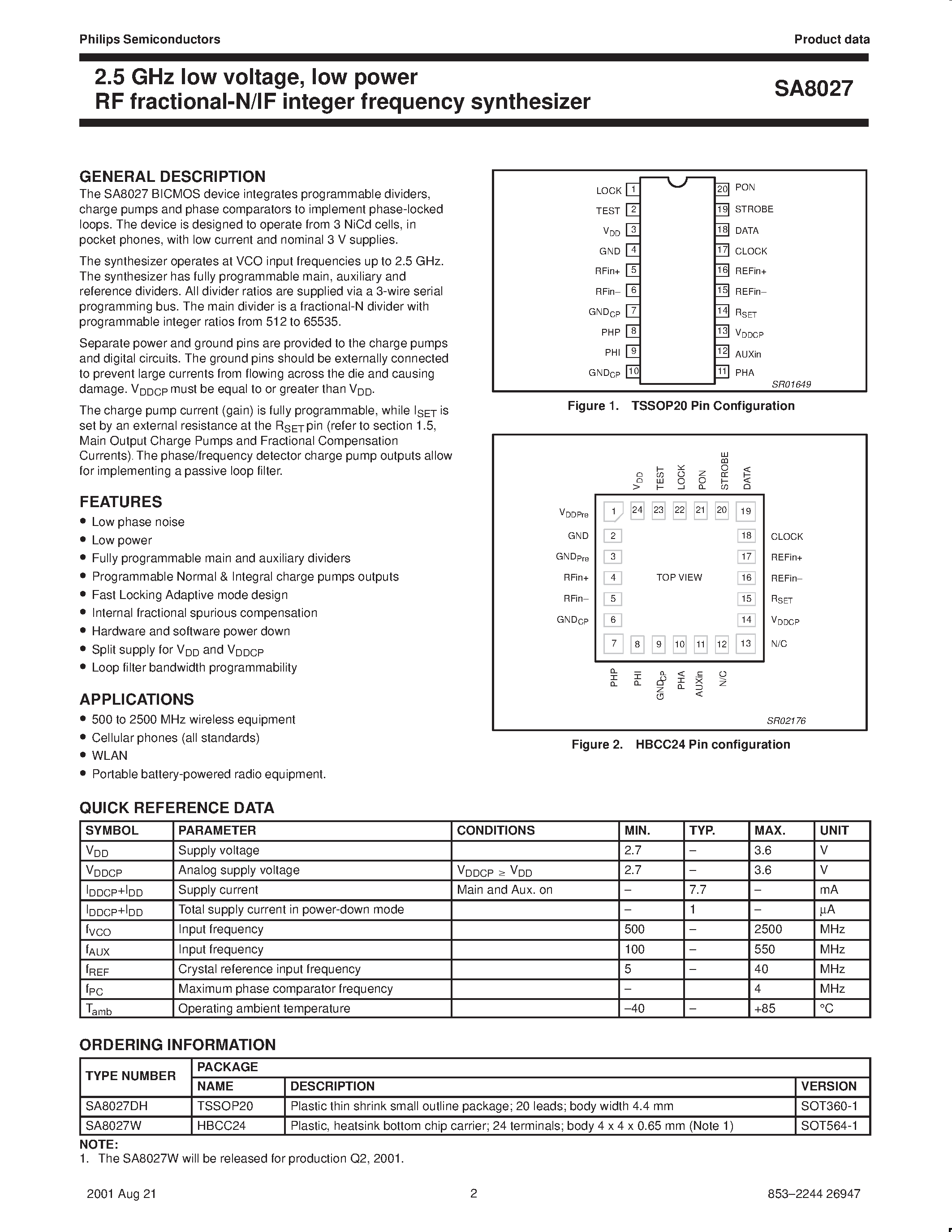 Даташит SA8027 - 2.5 GHz low voltage / low power RF fractional-N/IF integer frequency synthesizer страница 2