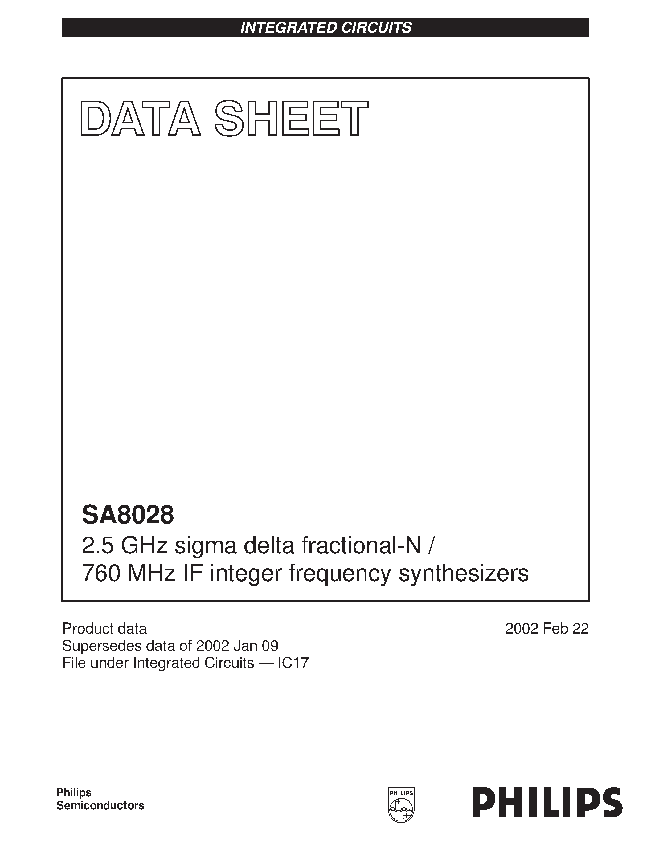 Даташит SA8028 - 2.5 GHz sigma delta fractional-N / 760 MHz IF integer frequency synthesizers страница 1